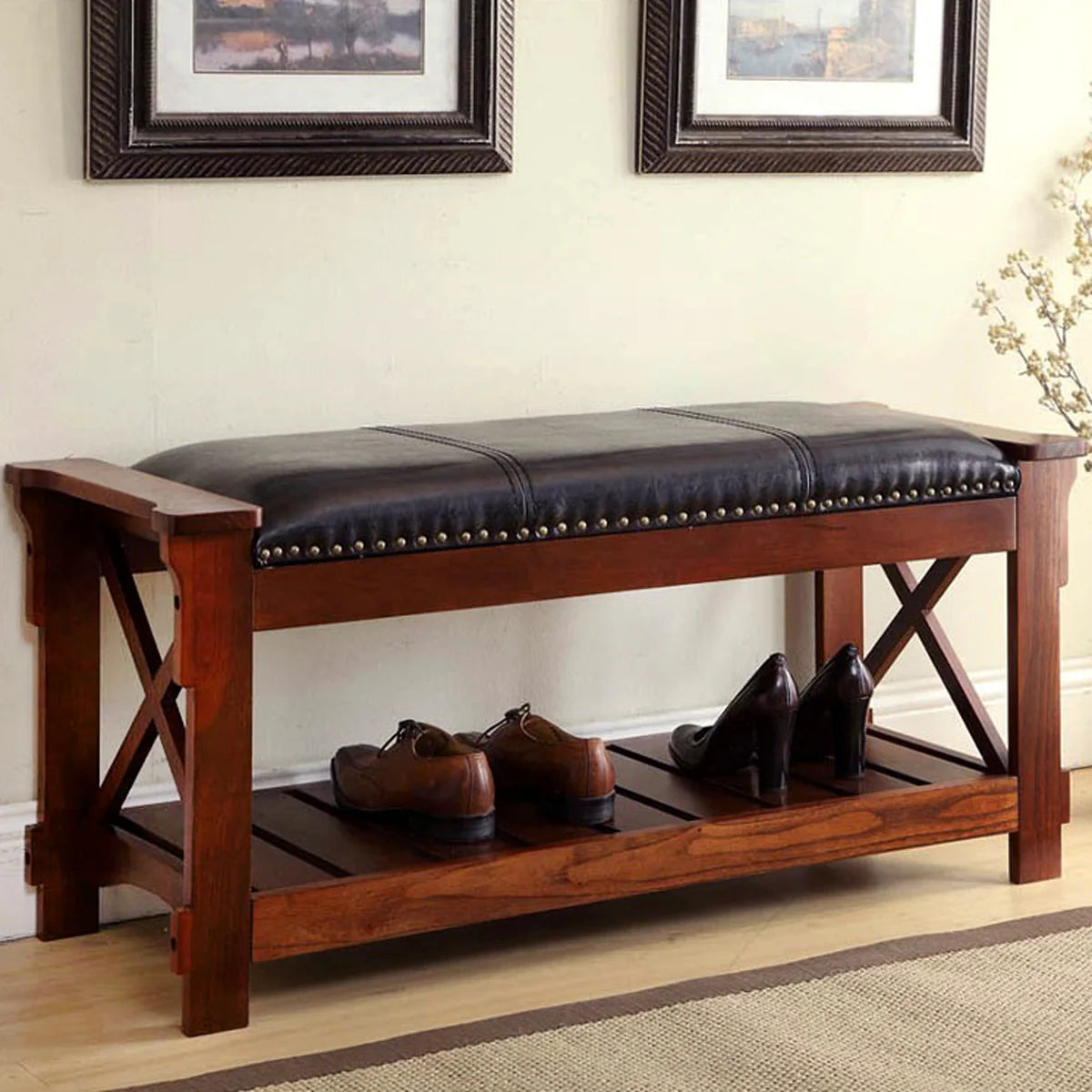 All Things Cedar Padded Entryway Bench with Cherry Finish - Perfect for Hallway, Mudroom & Bedroom Seating & Storage