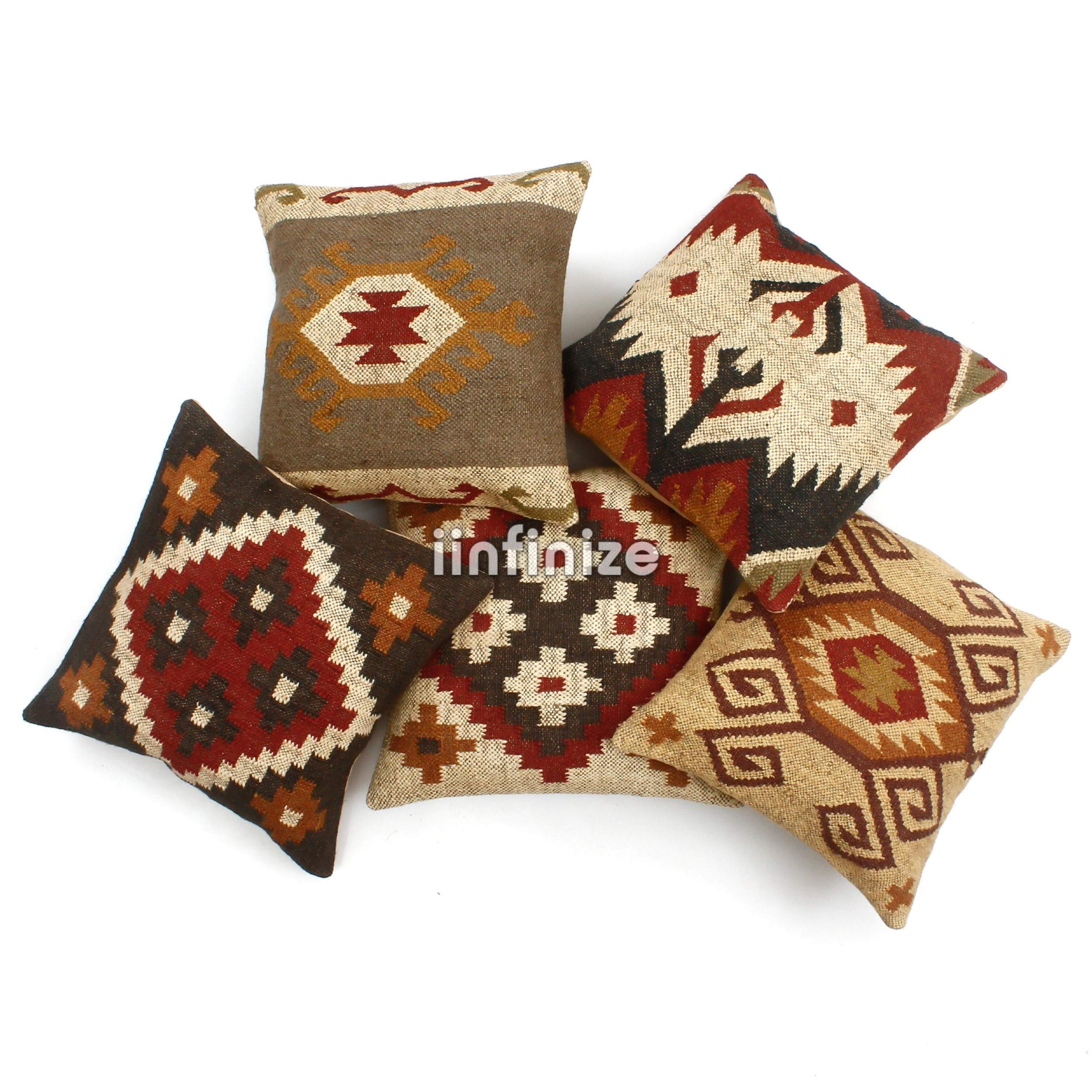 iinfinize Set of 5 Handwoven Jute Pillow Covers - Boho Euro Sham Cushion Cases with Rustic Moroccan Design | Perfect for Living Room, Bedroom Decor & Bohemian Home Styling