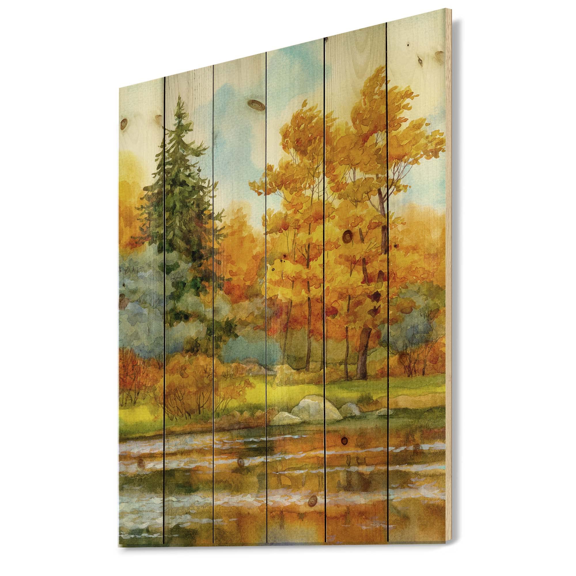 Autumn Forest Lakeside Wood Wall Art - Large Landscape Pine Wood Panel Decor for Lake House, Rustic Cabin & Living Room - Handcrafted Orange Wood Wall Hanging for Home & Office Interior Design