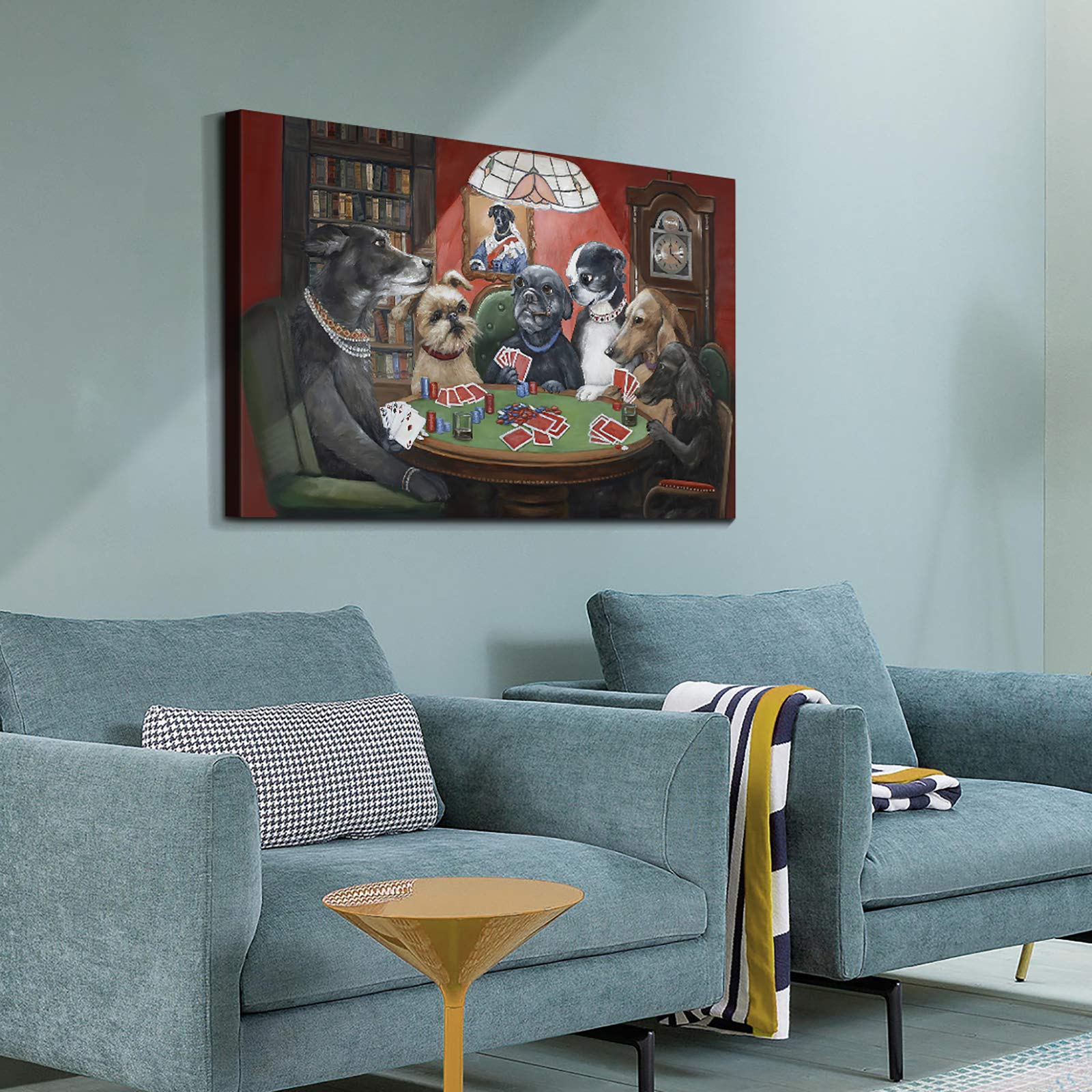 Denozer - Dogs Playing Poker by Cassius Marcellus Coolidge Oil Painting Reproduction - Premium Giclee Canvas Print (48x32 inches) - Ready to Hang Wall Art for Living Room, Game Room & Man Cave Decor - Perfect Gift for Dog Lovers & Poker Fans