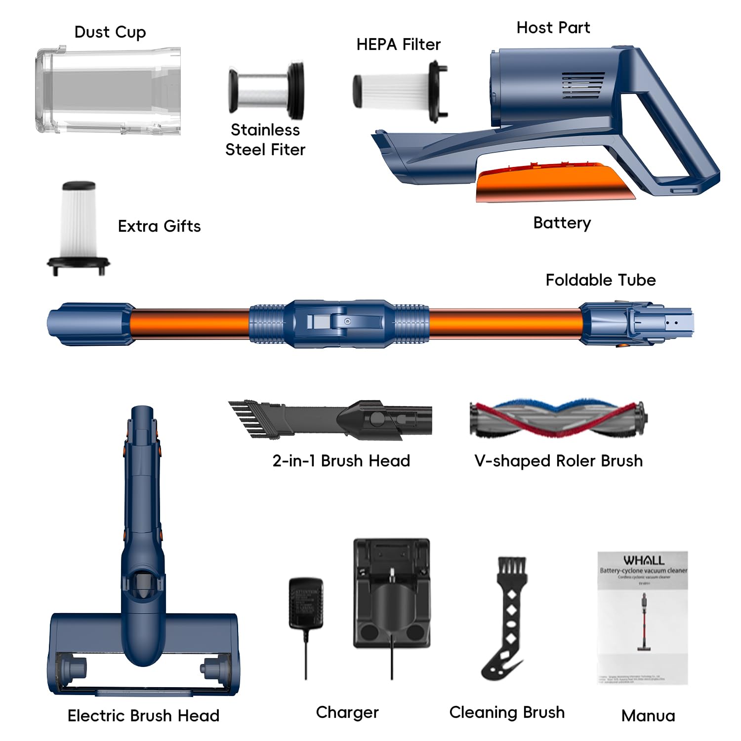 Whall Cordless Vacuum Cleaner - 25KPa Powerful Suction, 280W Brushless Motor, Lightweight Stick Vacuum for Home & Car, Handheld for Pet Hair, Carpets & Hard Floors, 55min Runtime (Blue) - Perfect for Quick Cleanups & Pet Owners