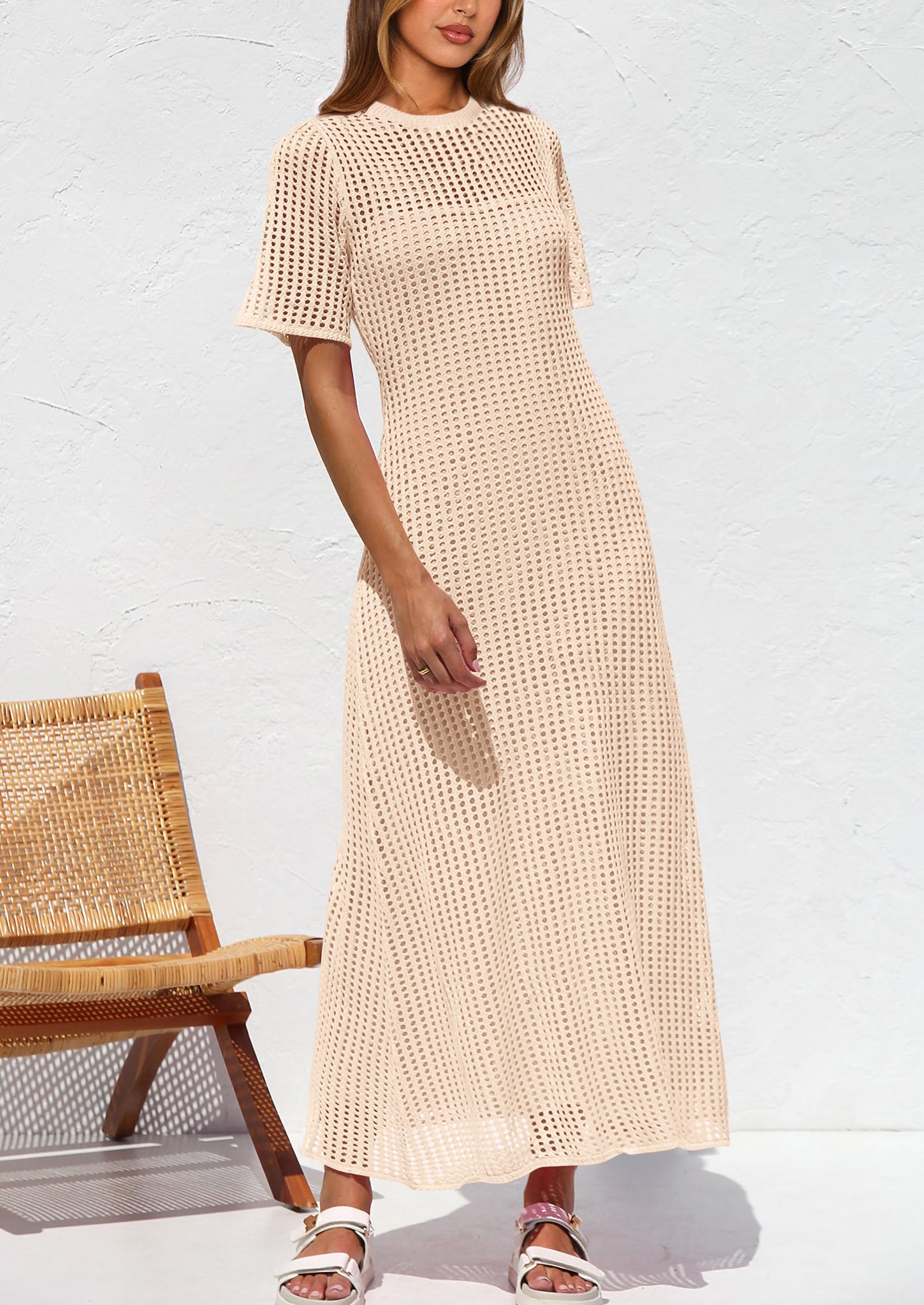 PRETTYGARDEN Women's Floral Eyelet Cover Up Dress - 2025 Summer Beach Maxi Dress with Short Sleeves & Hollow Out Design - Perfect for Vacation, Resort Wear, and Poolside Lounging