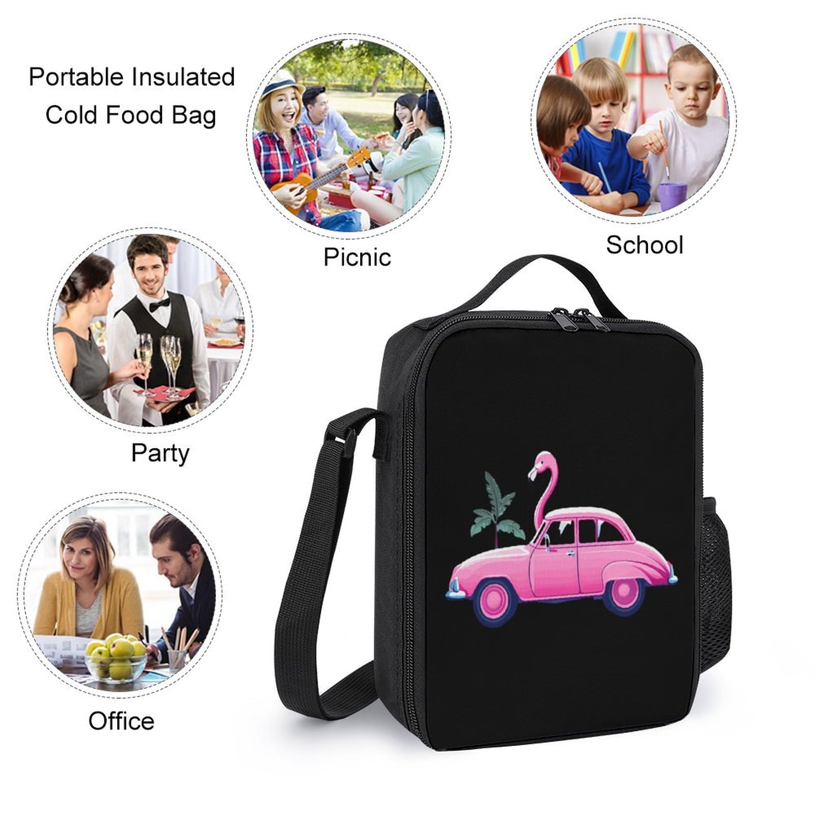 Flamingo Car 3-Piece Backpack Set - 17 Inch Laptop Backpack, Travel Daypack with Lunch Box & Pencil Case for School, Work & Outdoor Adventures