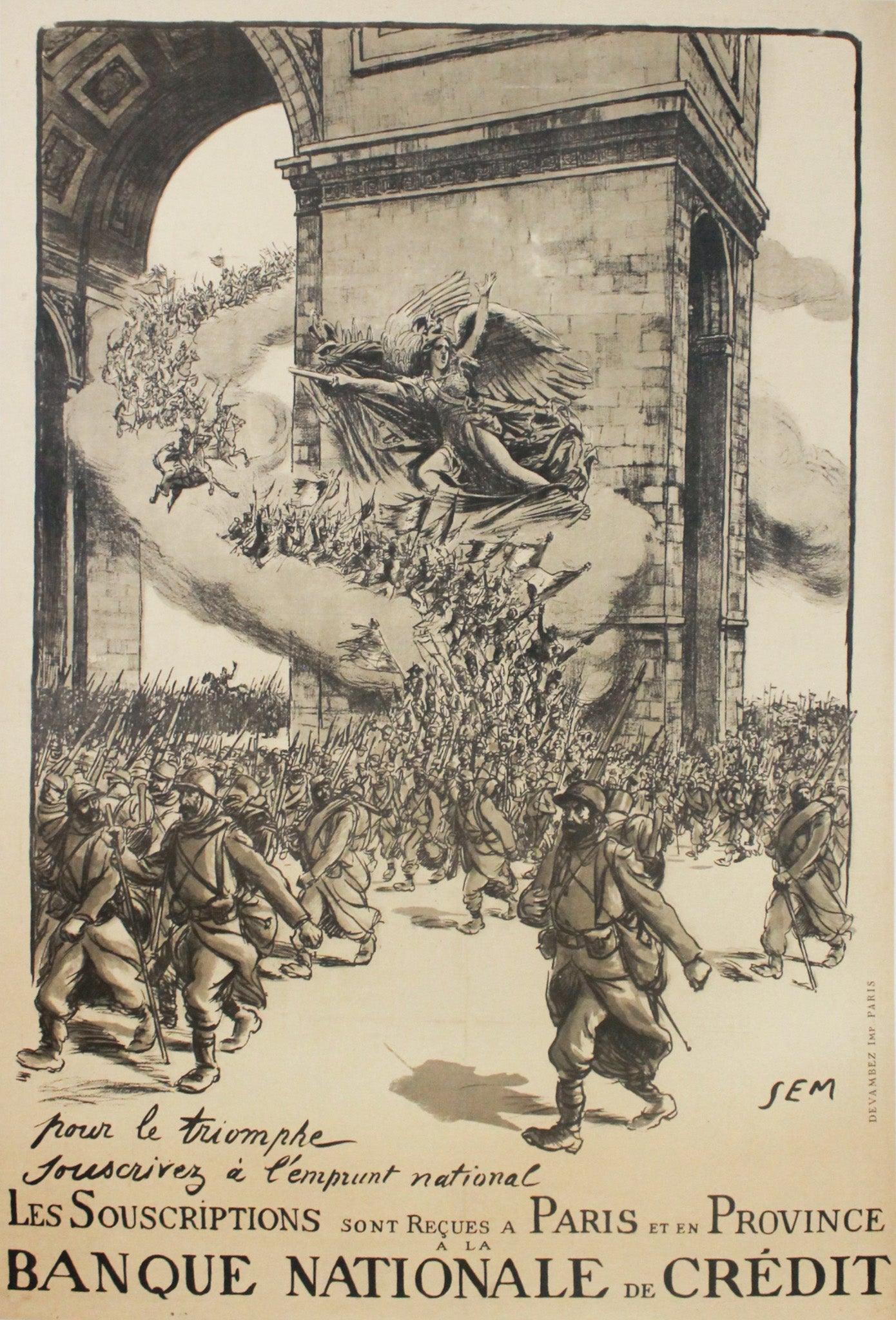 1918 French World War I Bonds Poster - Banque Nationale de Crédit (SEM) - Vintage War Memorabilia for History Buffs & Collectors - Perfect for Home Decor, Office Display & Historical Collections