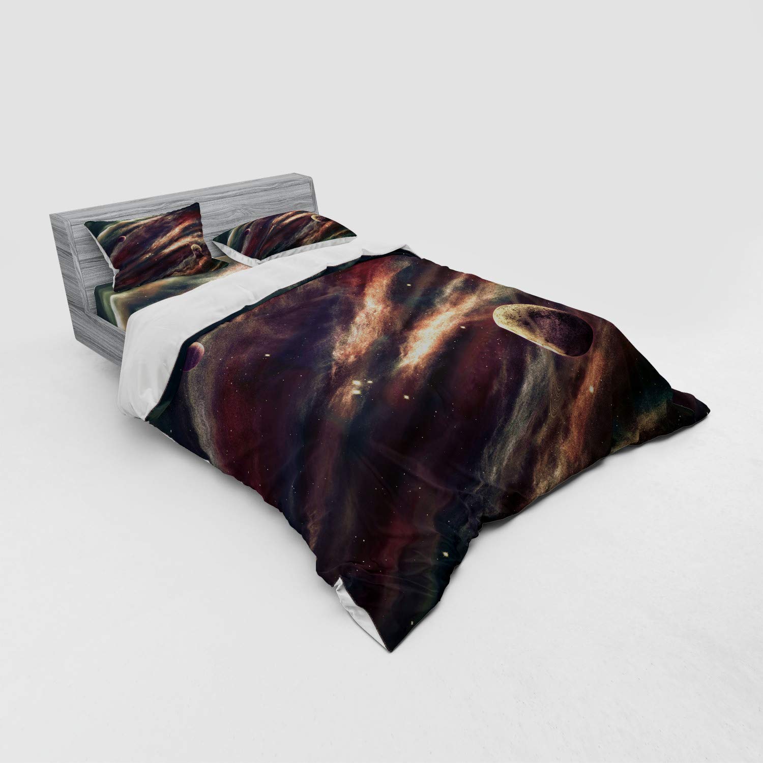 Ambesonne Queen Size 4-Piece Outer Space Duvet Cover Set with Shams & Fitted Sheet - Planets Nebula Galaxy Star Print Bedding in Dried Rose Ivory - Perfect for Astronomy Lovers' Bedrooms, Kids' Rooms & Space-Themed Decor