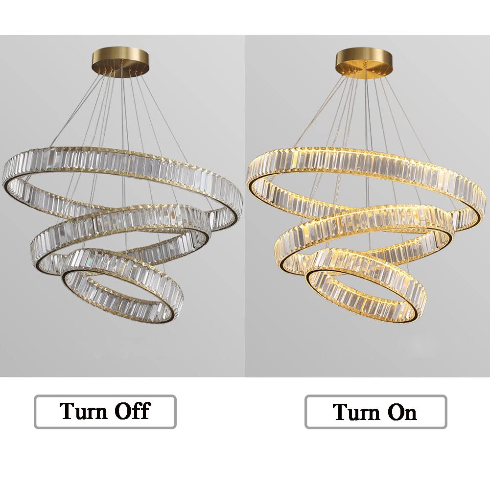 Modern Crystal Chandelier - 3 Ring LED Gold Pendant Light with Adjustable Stainless Steel Hanging Fixture, Warm White Light for Living Room Bedroom Dining Room | Elegant Home Decor & Wedding Venue Lighting