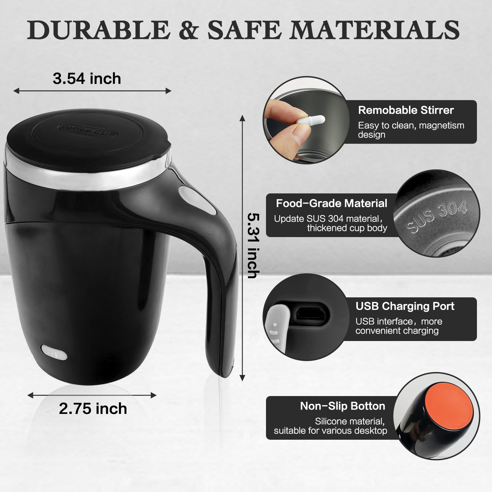 Self Stirring Mug - Rechargeable Automatic Magnetic Coffee Mixing Cup for Coffee, Chocolate, Milk & Protein - Perfect for Office, Home, Travel & Gym - Ideal for Busy Professionals, Students & Fitness Enthusiasts