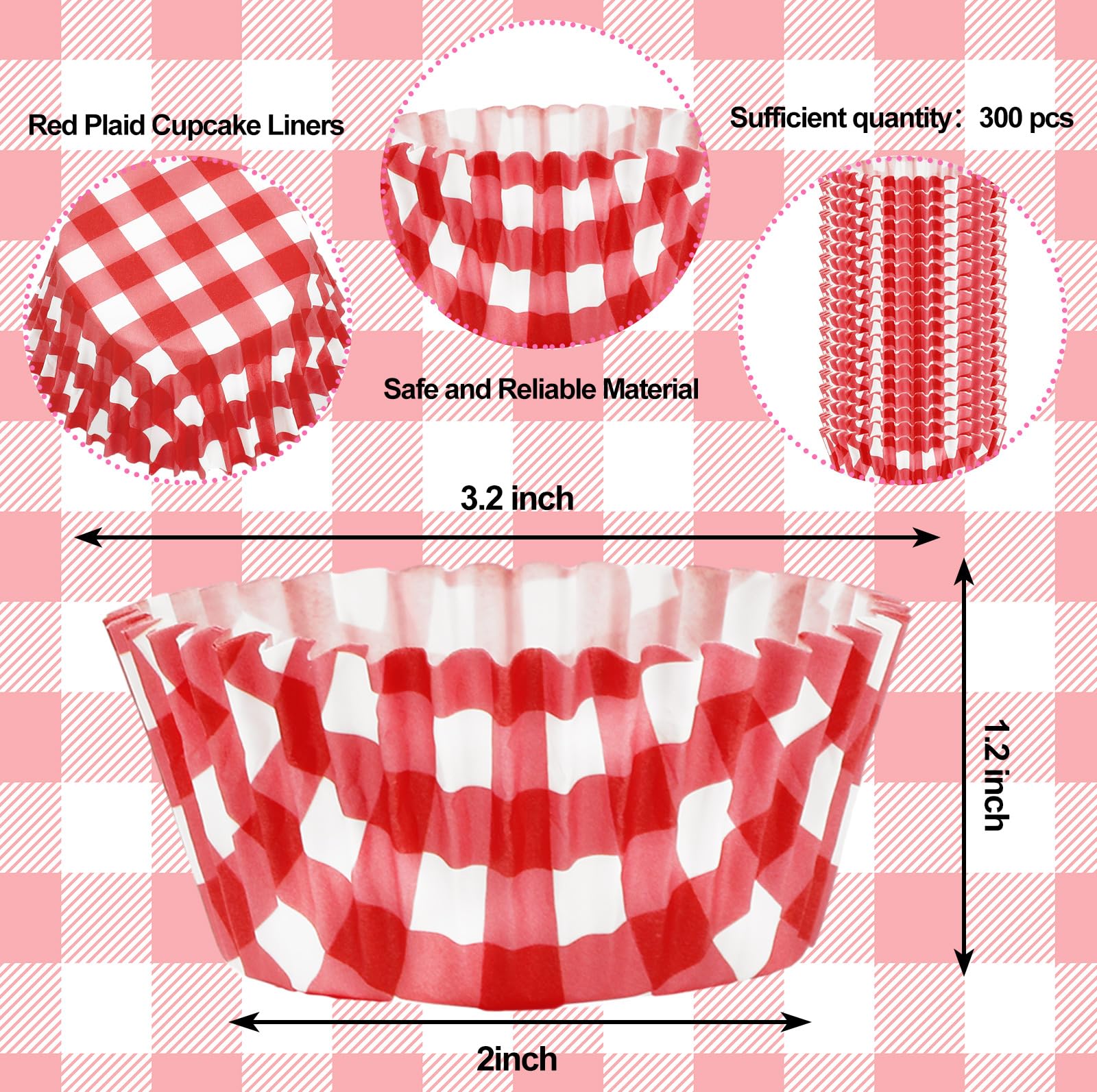 300Pcs Red Plaid Cupcake Liners - 2x1.2 Inch Checkered Baking Cups for Muffins, Small Candies & Cakes | Perfect for Christmas, Weddings, Birthday Parties & Holiday Baking Supplies