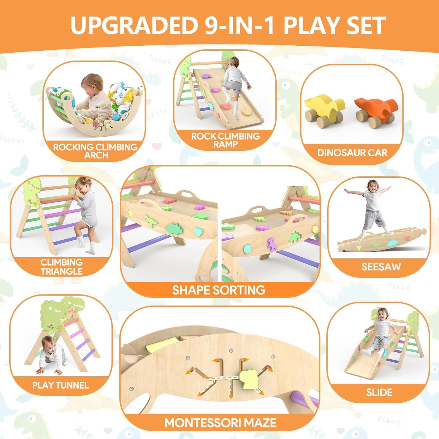 Pikler Triangle Set with Cushion - 9-in-1 Montessori Climbing Gym for Toddlers 1-3 Years | Wooden Climbing Toys with Maze, Shape Sorter & Dinosaur Car | Indoor Play Equipment for Early Childhood Development & Active Play