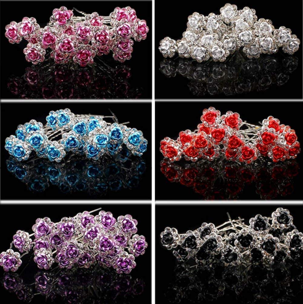 AKOAK 20-Piece Set Purple Crystal Rhinestone Rose Flower Hair Clips - Elegant Bridal Wedding Hair Accessories for Women, Barrettes & Headwear (Perfect for Bridal Showers, Weddings & Special Occasions)