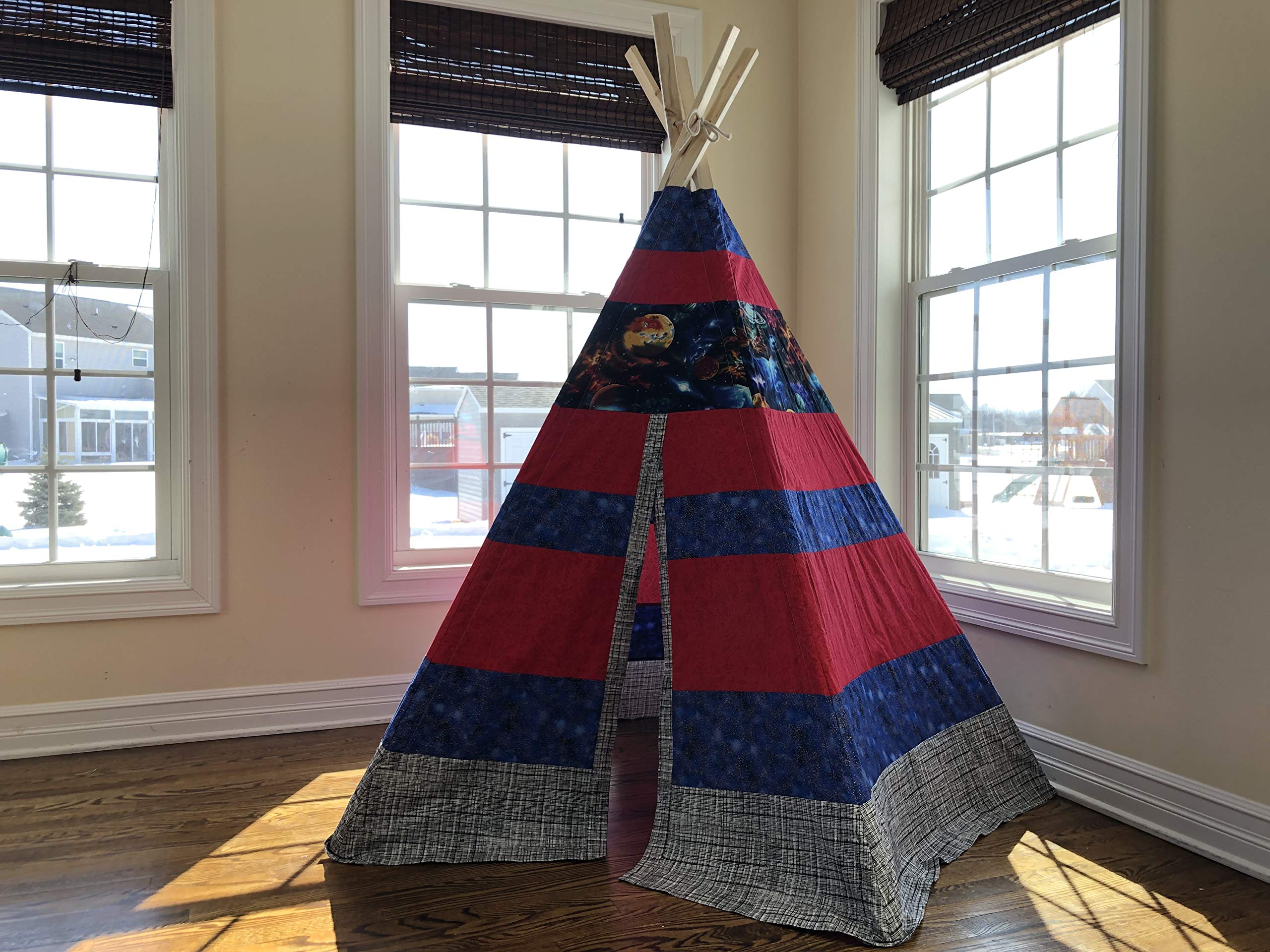 Classic Outer Space Planets Red, Blue & Black Striped Teepee Tent for Kids - Playroom Decor, Reading Nook & Indoor Camping Adventure