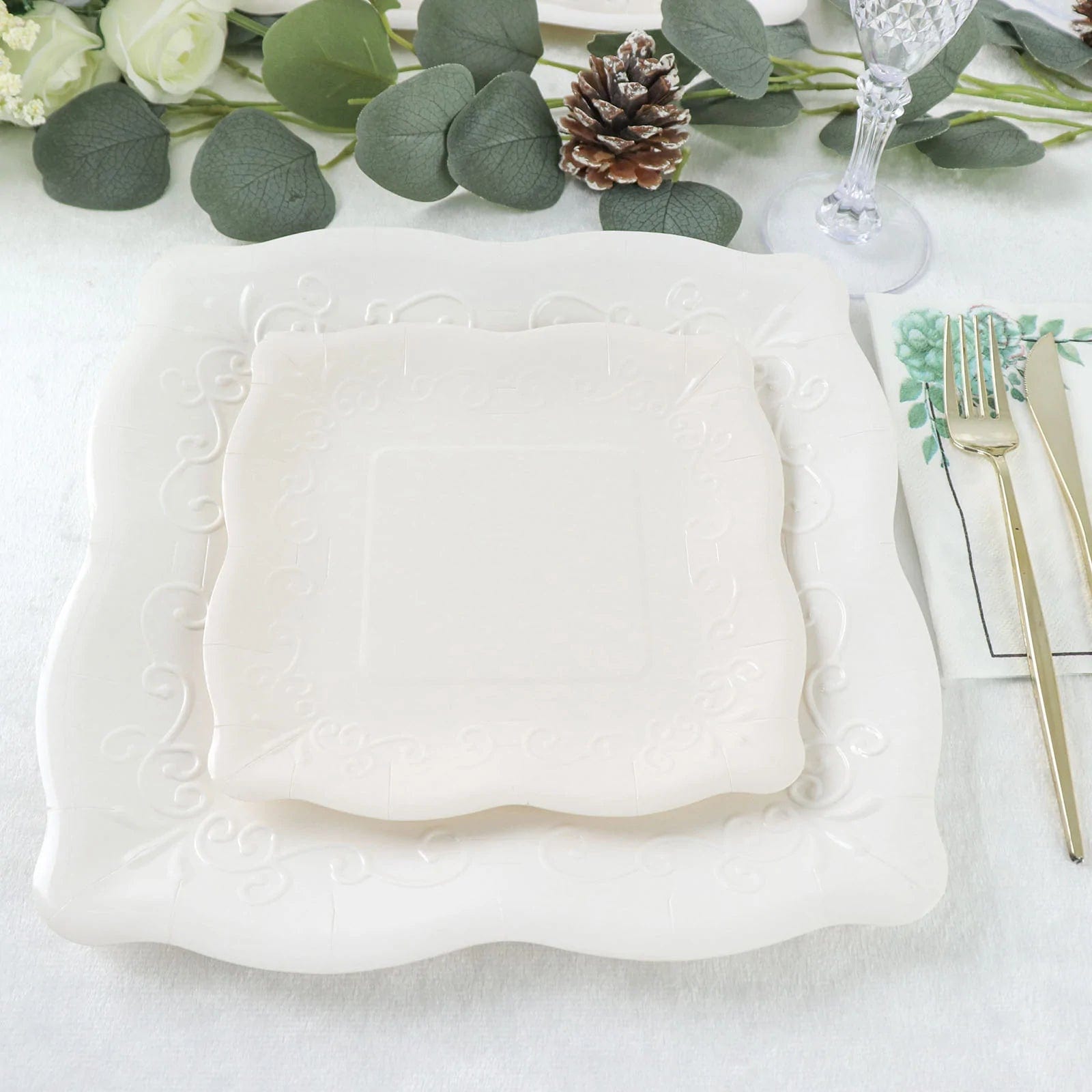 25 Pack Square Disposable Dessert Plates with Elegant Scroll Design - Perfect for Parties, Weddings, and Dinner Events