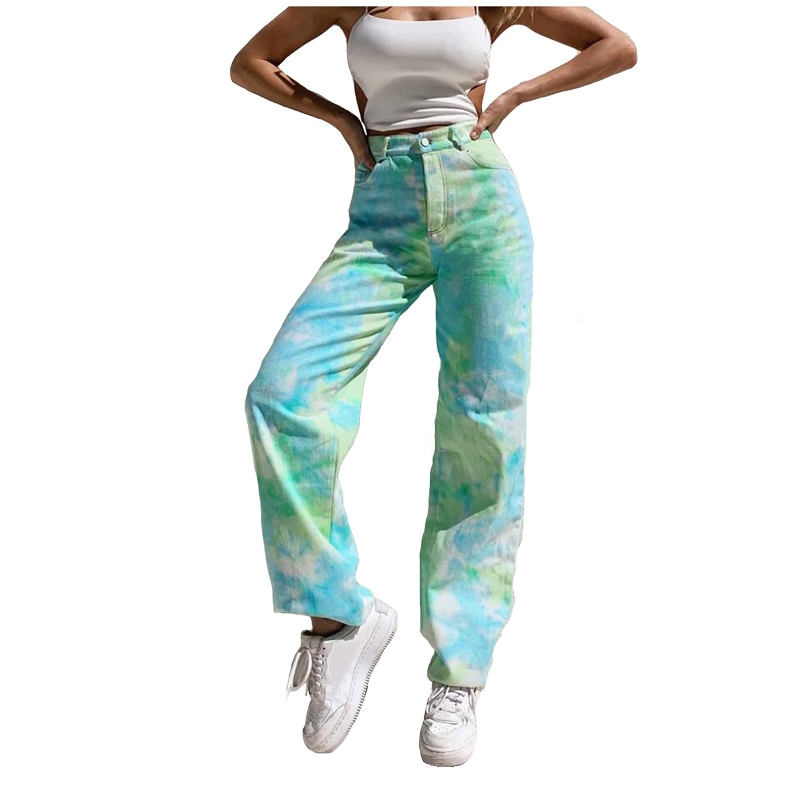 Women's High Waist Straight Leg Jeans - Button Fly, Distressed Wash, Pockets - Size 14 | Casual Wear, Office Outfits & Everyday Comfort