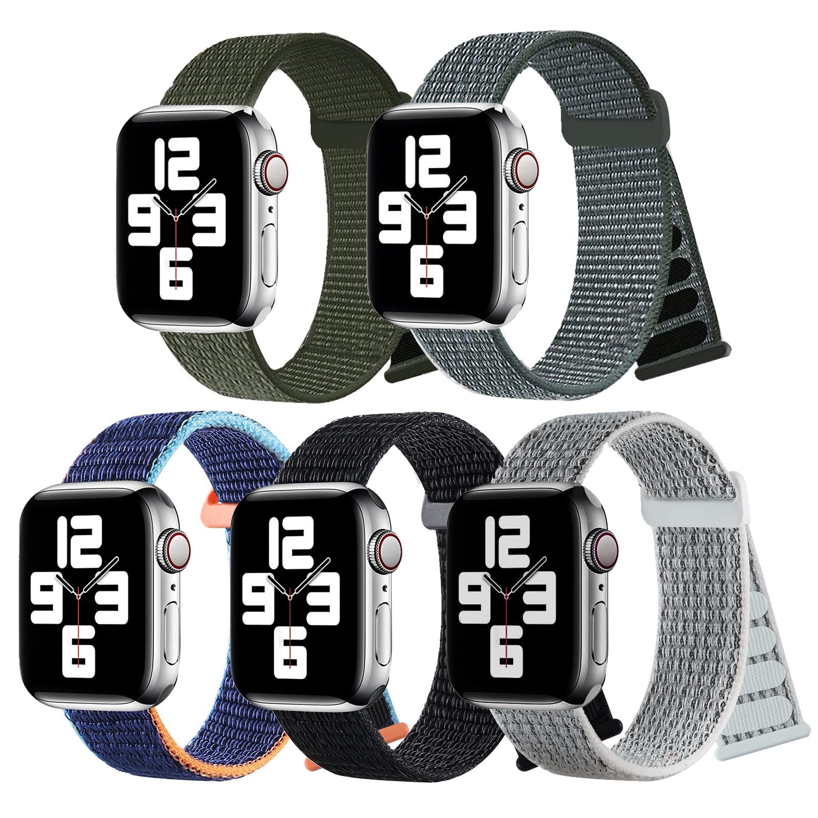 5-Pack Nylon Sports Bands for Apple Watch 38mm 40mm 41mm - Soft Stretchy Adjustable Woven Straps Compatible with iWatch Series 7/6/5/4/3/2/1/SE - Perfect for Running, Gym Workouts & Everyday Wear