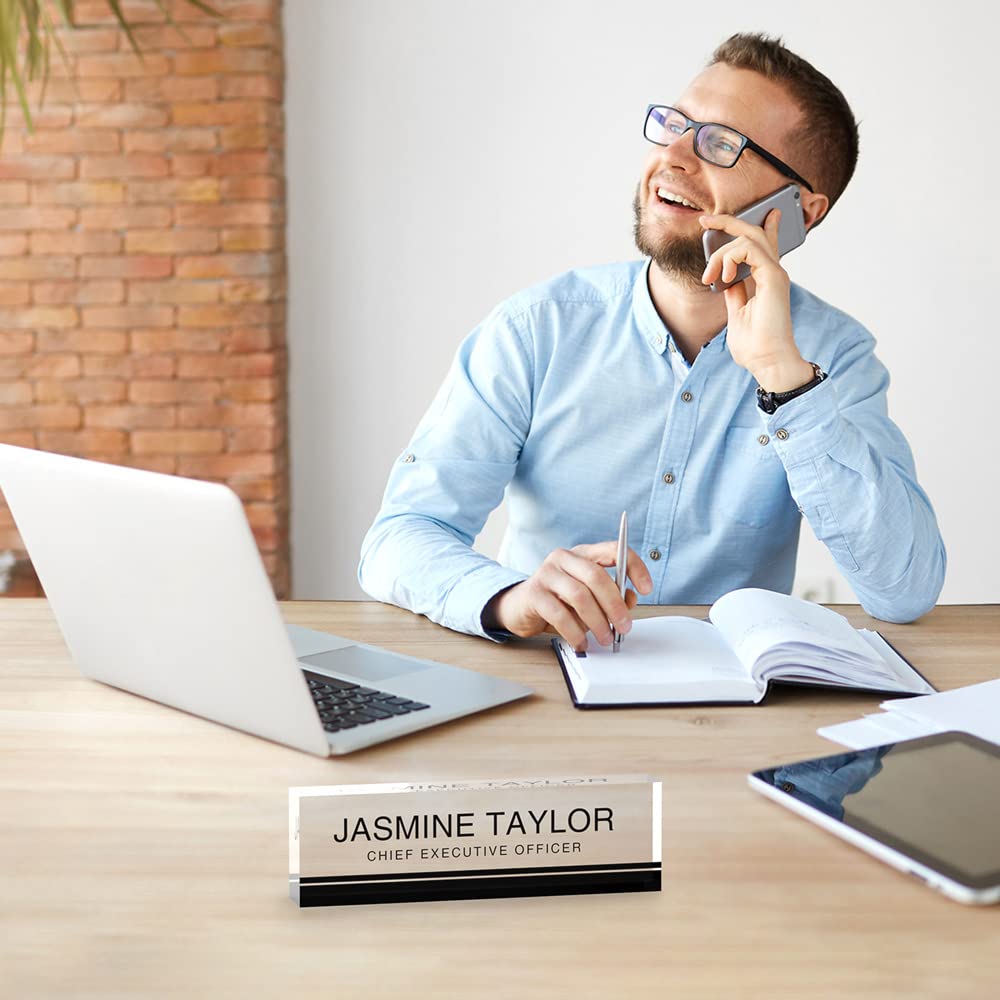 Custom Engraved Acrylic Name Plate for Office Desk - Personalized Clear Glass Block Name Sign (8