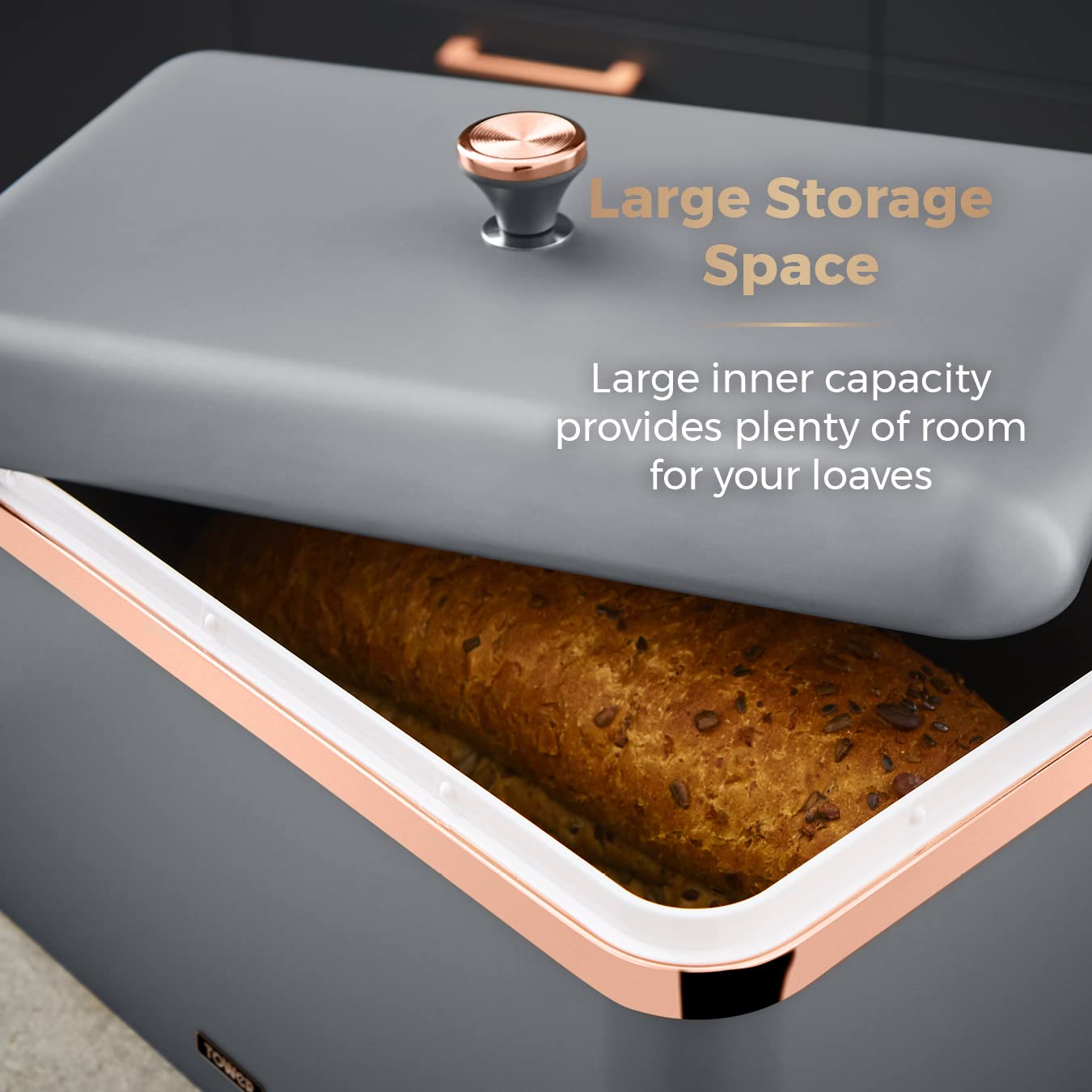 Cavaletto Bread Bin with Removable Lid - Large Capacity Stainless Steel Bread Box for Kitchen Storage | Grey & Rose Gold | Perfect for Countertop Organization & Fresh Bread Keeping
