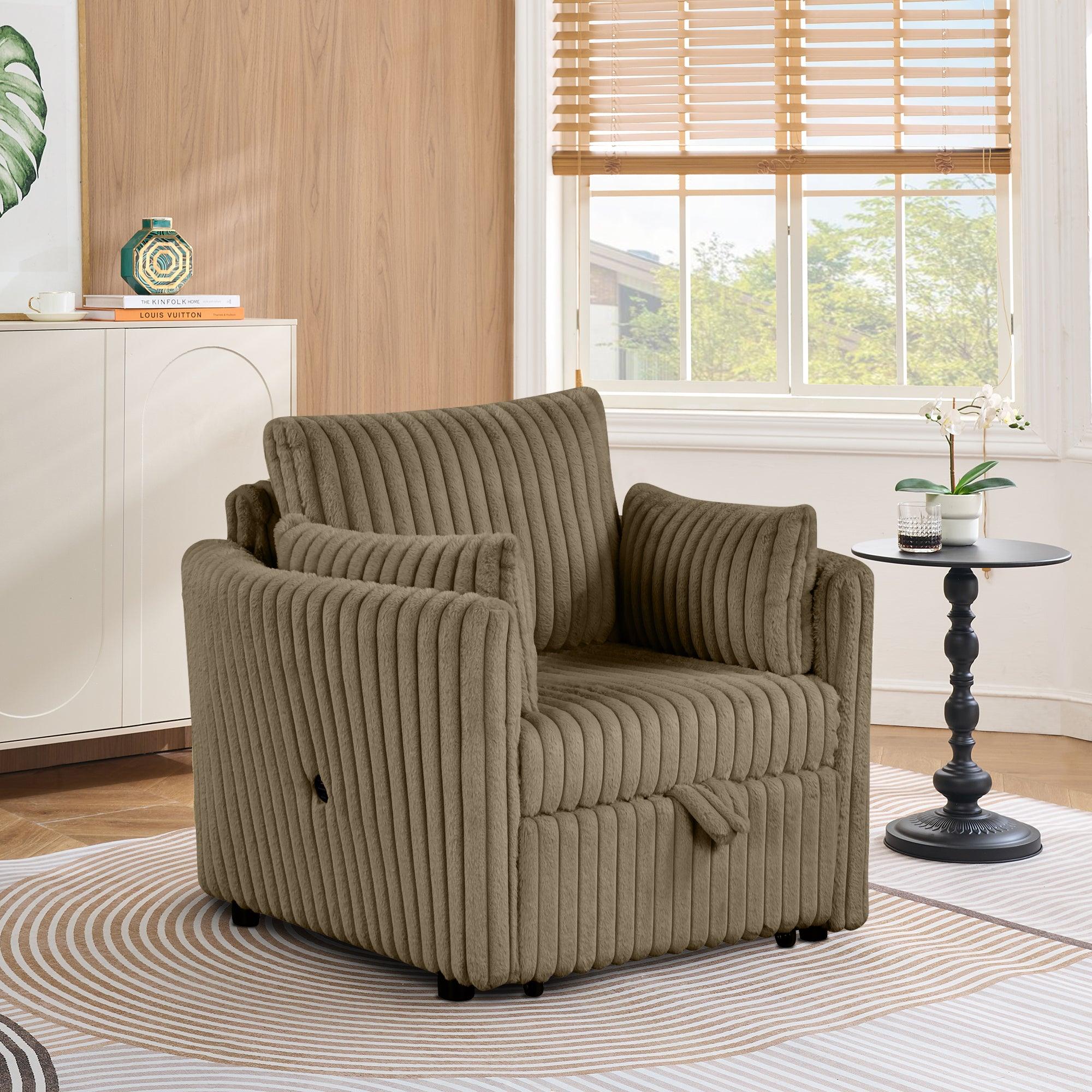 Luxury Brown Faux Fur Oversized Convertible Sectional Sofa - Sleeper Sofa, Daybed & Chair with 2 Pillows & USB Charging Ports - Perfect for Living Room, Home Theater & Guest Room Comfort