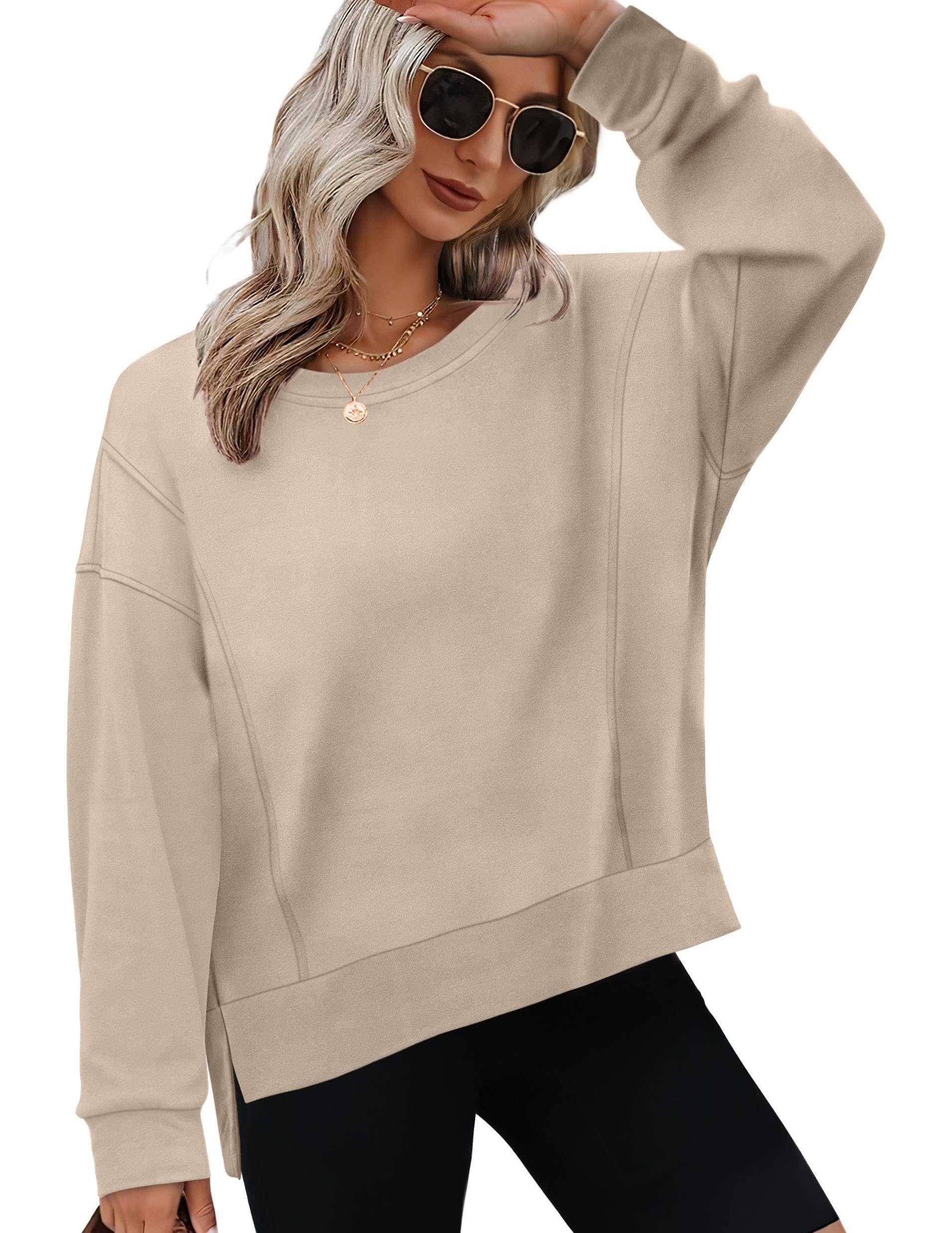 OFEEFAN Women's Crewneck Sweatshirt - Long Sleeve Loose Fit Fall Top with Side Slits | Casual Outfit, Layering Essential & Cozy Loungewear