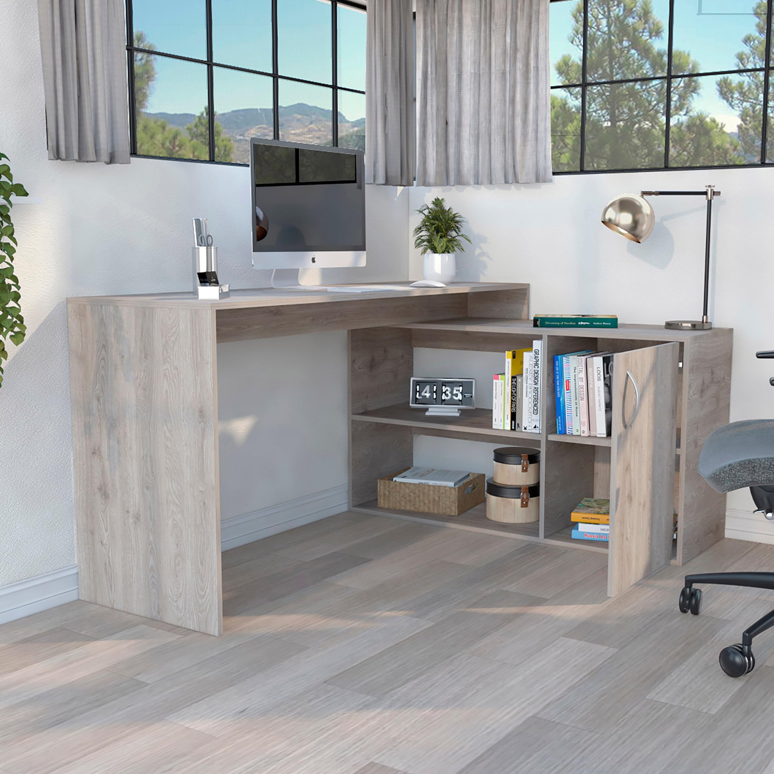 Tuhome Axis Modern L-Shaped Computer Desk with Storage - Light Gray Home Office Desk for Small Spaces, Gaming & Study - Open & Closed Shelves, Ergonomic Workstation