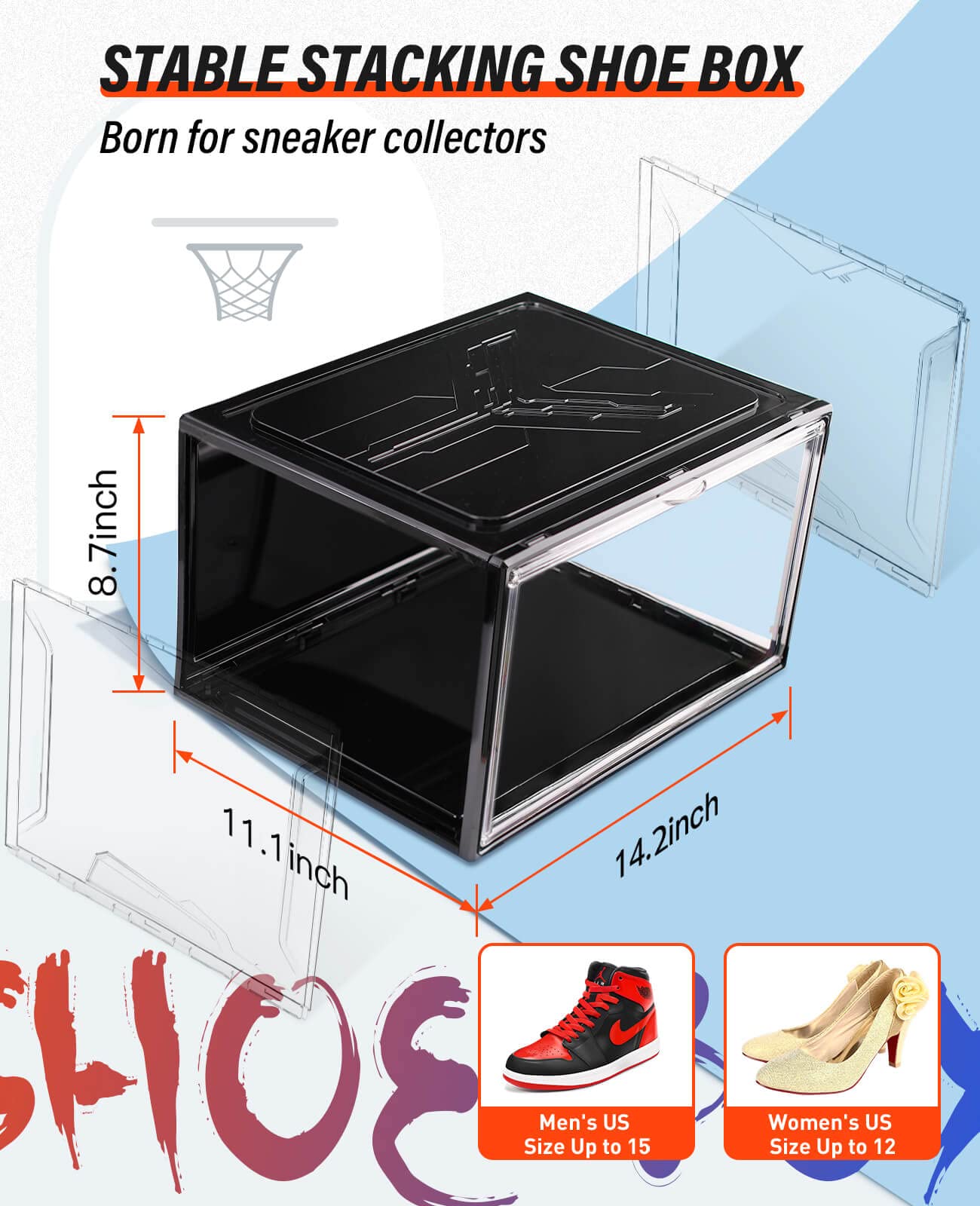 KDOR Clear Plastic Stackable Shoe Storage Boxes - 10 Pack with Magnetic Door, Acrylic Display Case for Sneakers (Fits Up to US Men's Size 15) - Perfect for Closet Organization, Shoe Collection Display & Retail Store Merchandising