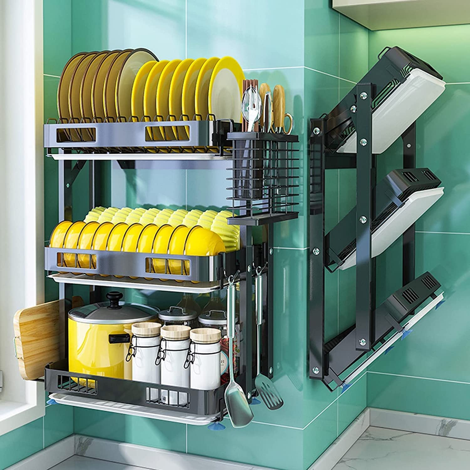 Stainless Steel Wall Mounted Dish Rack with Drain Pan - Foldable 3-Tier Kitchen Organizer (45x60.5cm) for Utensils, Cutting Boards & Dishes - Perfect for Small Kitchens, Apartments & RVs