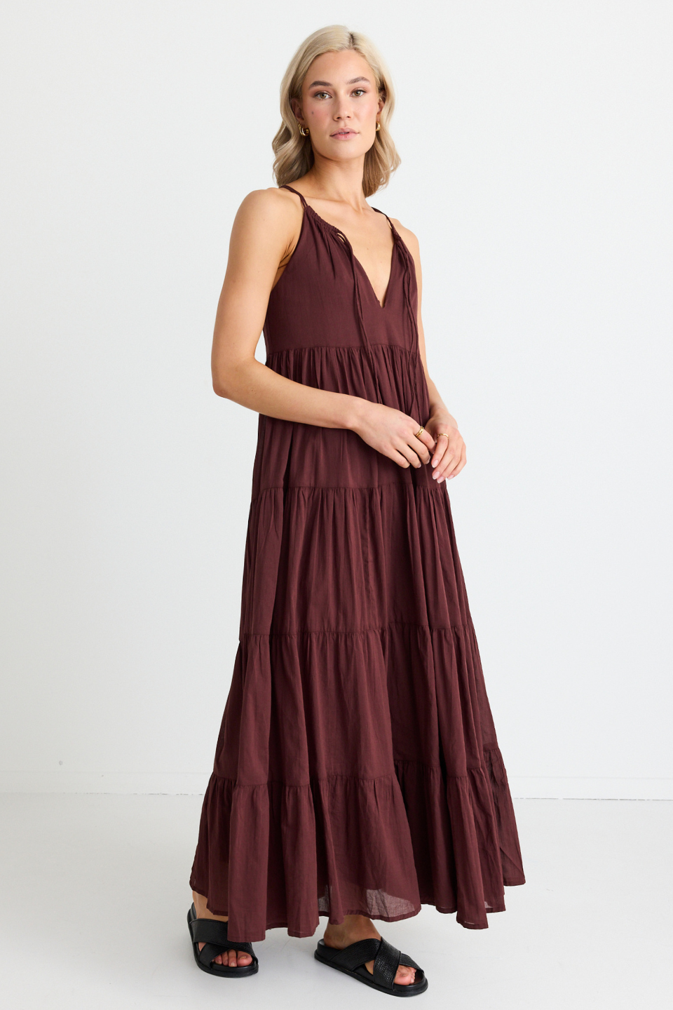 Elegant Rosewood Strappy Tiered Maxi Dress for Women - Boho Summer Beach Wedding Party Dress | Perfect for Vacations, Date Nights & Special Occasions