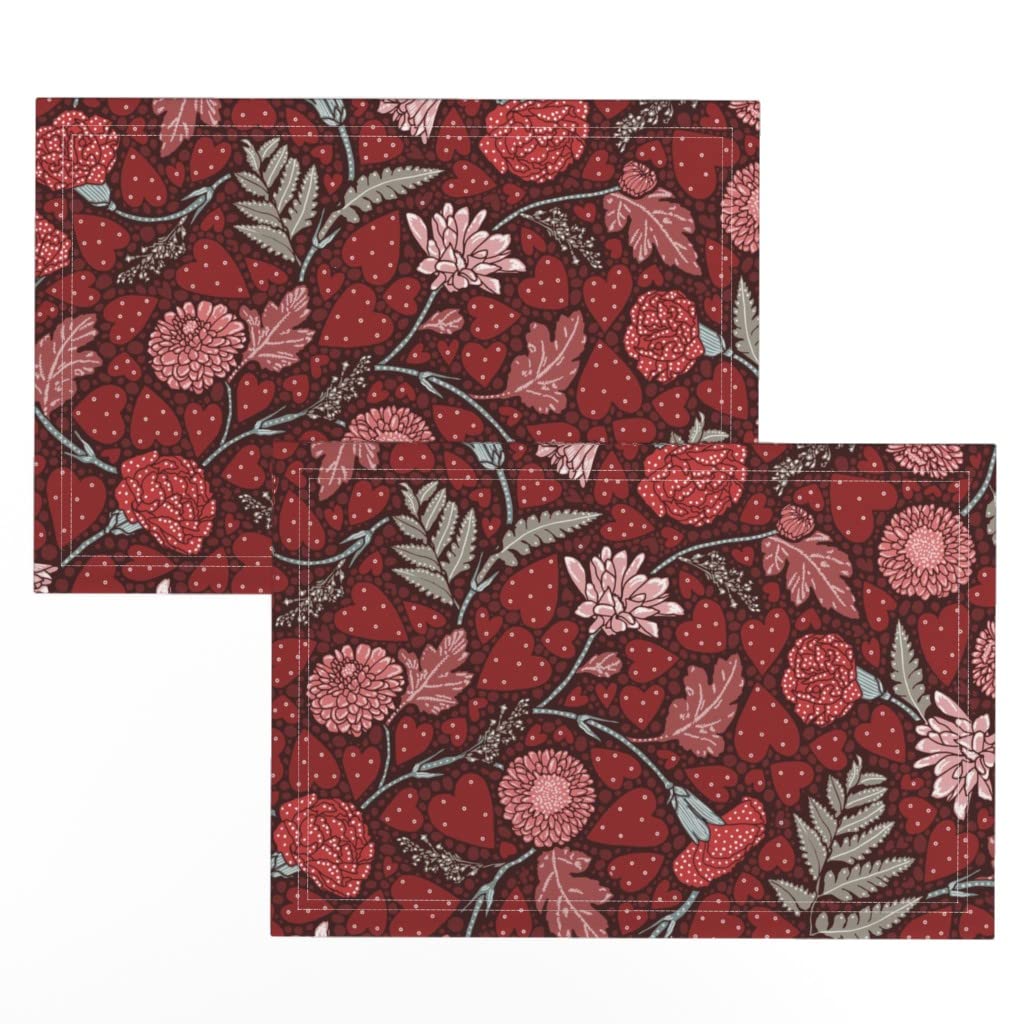 Spoonflower Linen Cotton Canvas Placemats Set of 2 - Carnation Bouquet Red Pink Dots Heart Valentine Print Washable Table Mats for Dining, Kitchen, Party Decor & Gift Giving