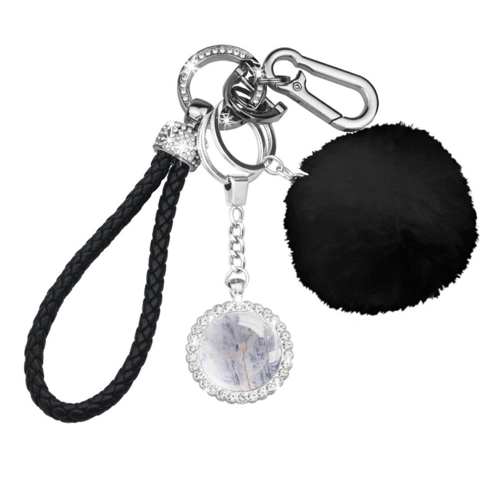 Gray Marble Pattern Fluffy Pom Pom Keychain - Soft Artificial Fur Ball Keychain for Women, Car Keys, Bags & Backpacks | Cute Gift Idea for Her, Birthday, Christmas