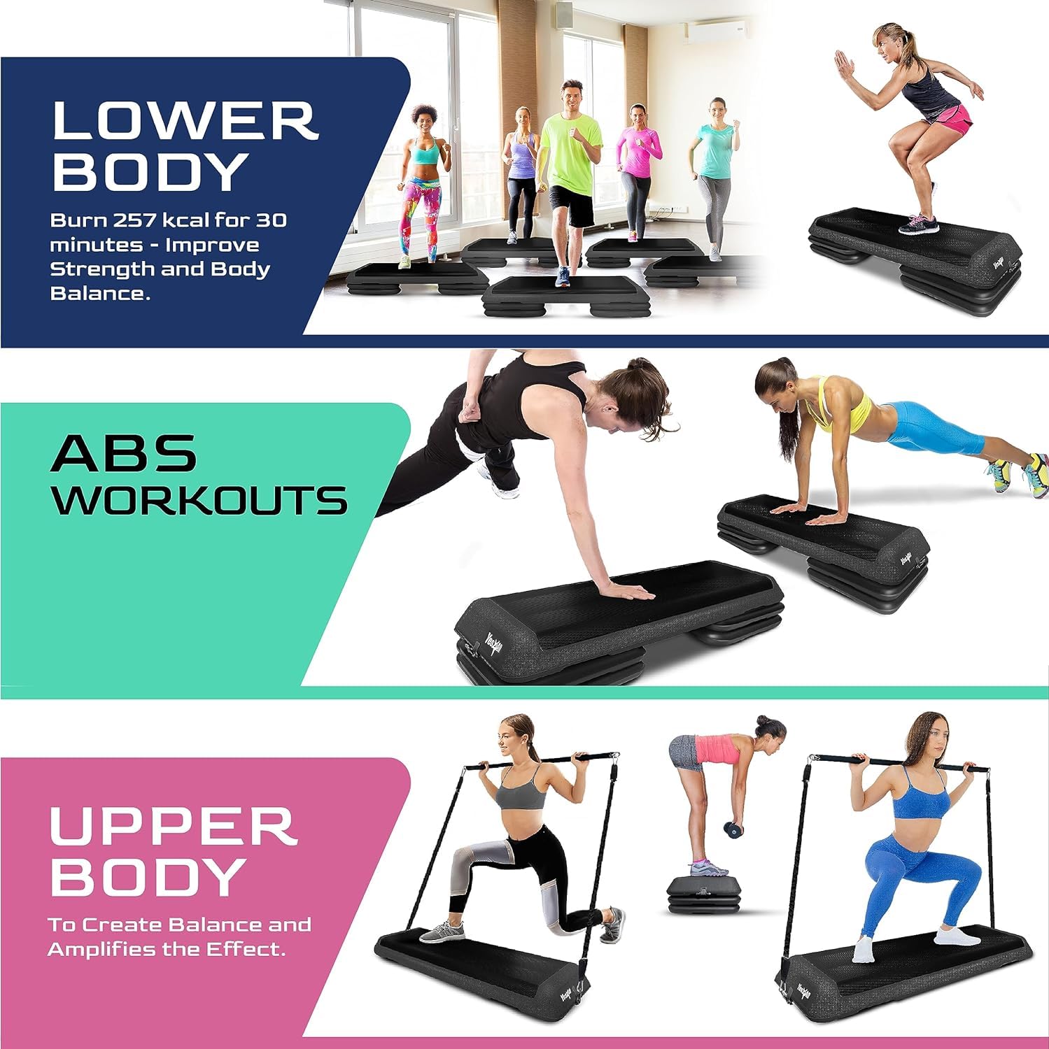 Yes4All Adjustable Aerobic Step Platform with Pilates Bar & Resistance Bands - Multi-Functional Home Gym Equipment for Cardio, Strength Training & Pilates Workouts