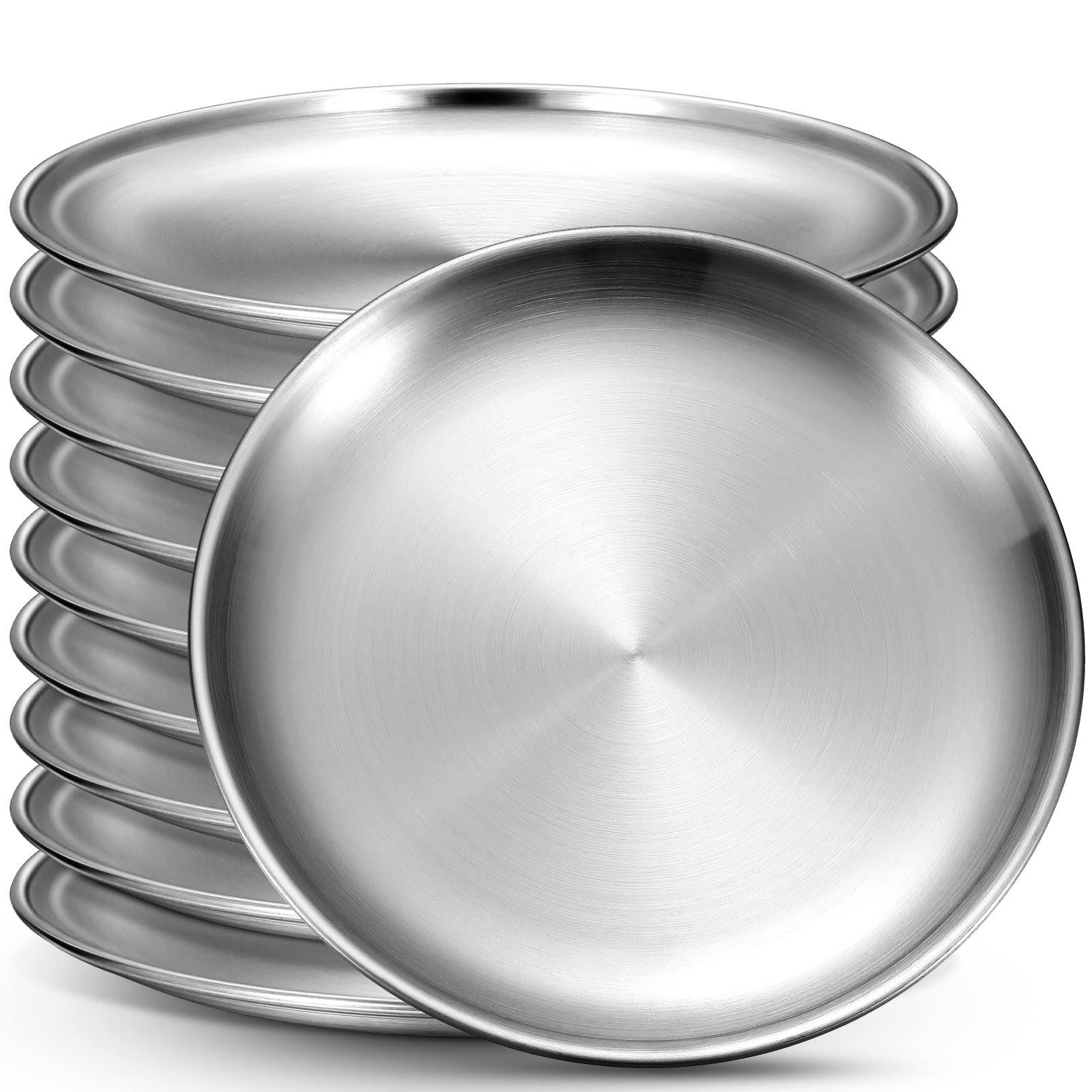 10-Pack Honeydak 18/8 304 Stainless Steel Plates - 8 Inch Reusable Camping & Picnic Dishes - Dishwasher Safe, Double-Layer Round Serving Plates for Adults (Silver) - Perfect for Outdoor Dining, BBQs, Parties & Everyday Use
