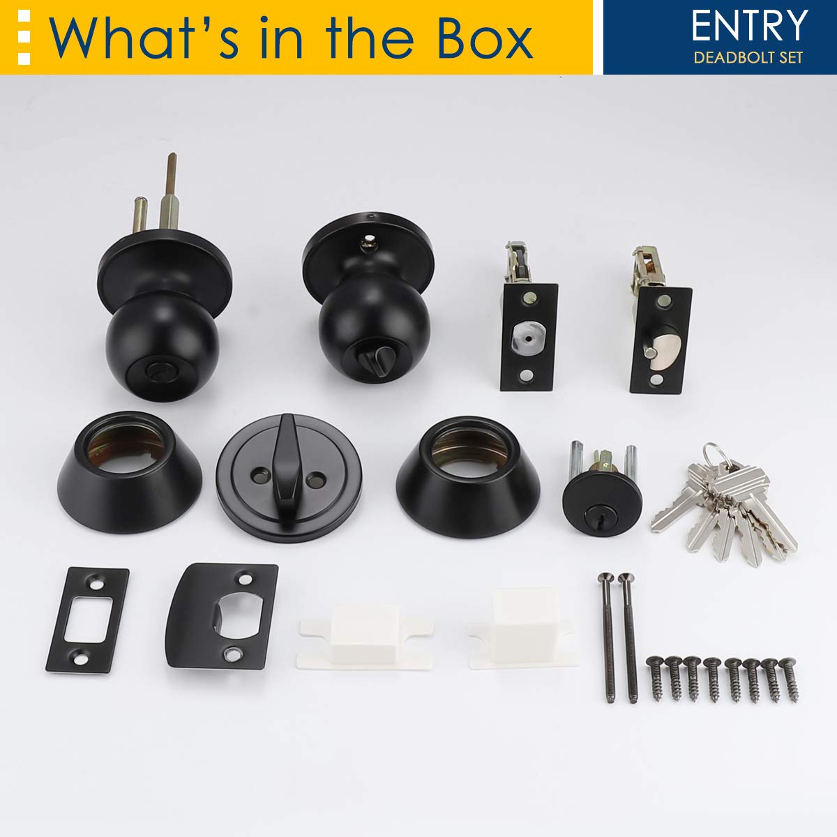 5-Pack Keyed Alike Entry Door Knob & Deadbolt Lock Set - Flat Black Round Knobs for Exterior/Front Doors - Perfect for Home Security & Easy Key Management (Ideal for Apartments, Rental Properties & Multi-Door Homes)