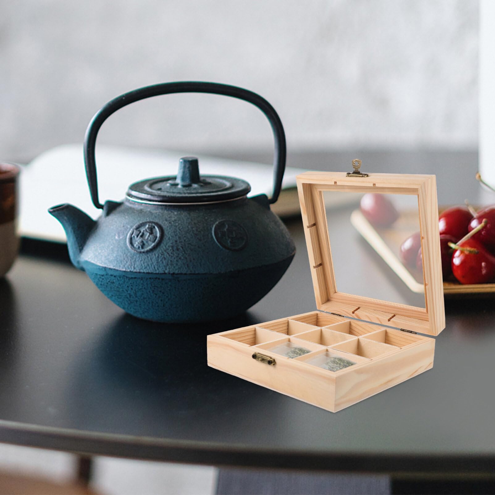 Ciieeo Wooden Tea Storage Organizer with Clear Acrylic Top Window - 9 Compartment Tea Box Organizer for Tea Bags & Accessories | Perfect for Kitchen Countertop, Pantry & Tea Station Organization