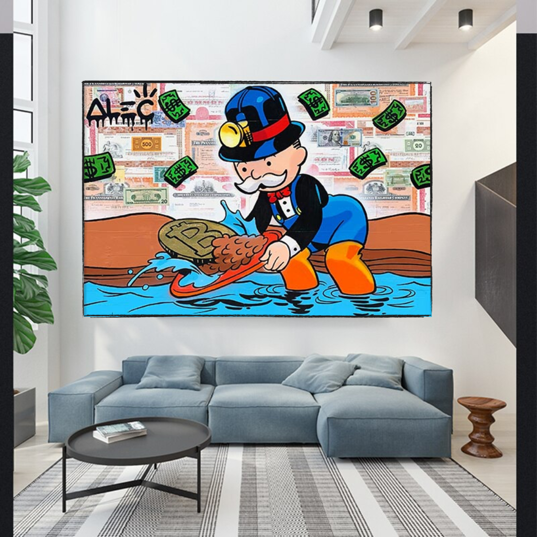 Alec Monopoly Man Bitcoin Mining Artwork - Unique Crypto Landscape Wall Decor for Home & Office - Perfect for Bitcoin Enthusiasts & Modern Art Collectors