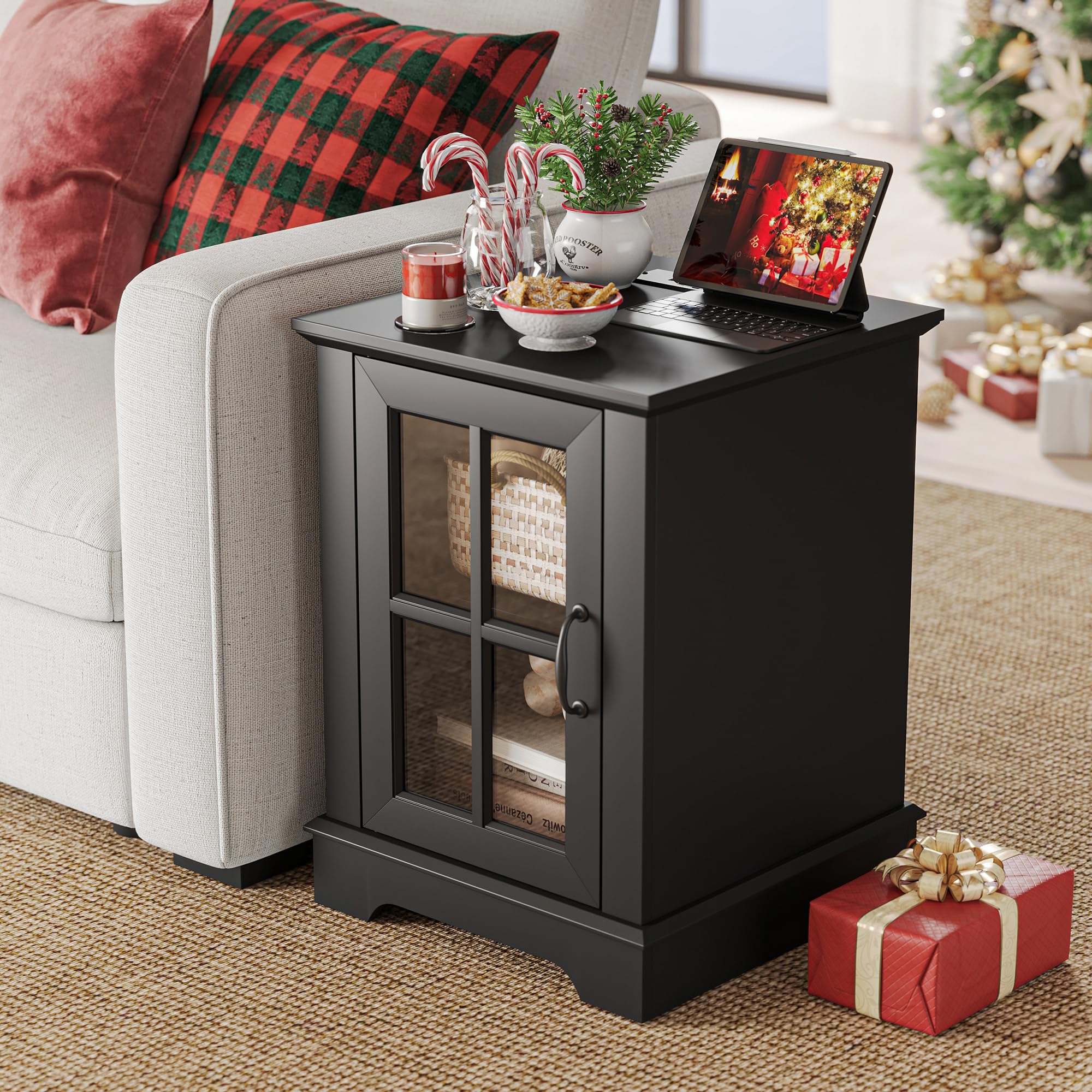 Modern End Table with USB Charging Station & Storage Cabinet - Adjustable Shelf Small Sofa Table for Living Room, Bedroom & Home Office - Black - Perfect for Charging Devices & Organizing Essentials