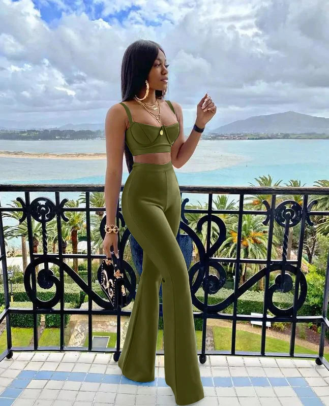 2024 Summer Fashion Women's Sexy Bandage Two-Piece Set - Tight Crop Top & High Waist Flared Pants Outfit for Club, Party, and Night Out