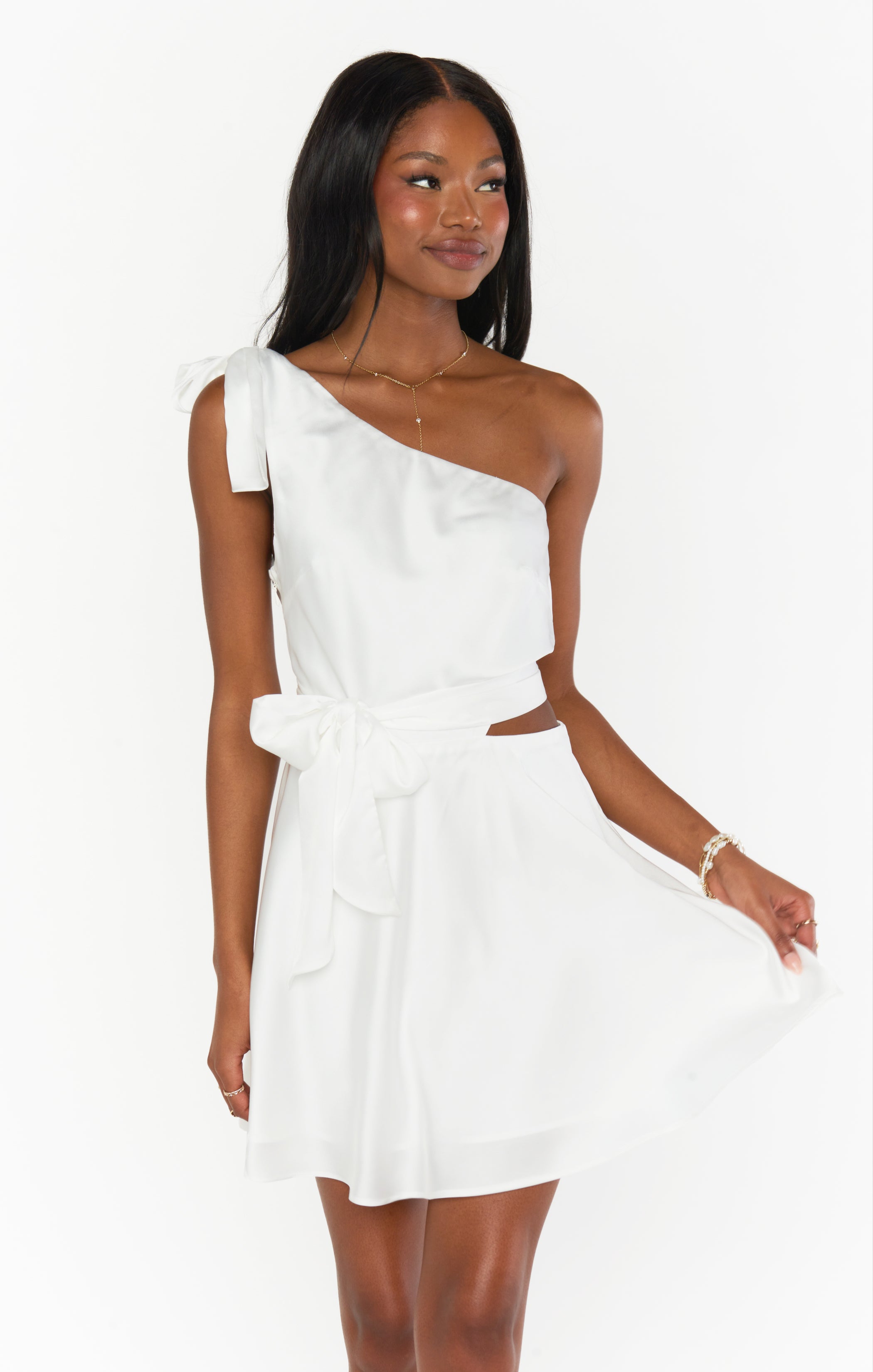 Betsy Bow Mini Dress in Ivory Luxe Satin - Elegant Party & Wedding Guest Dress for Women