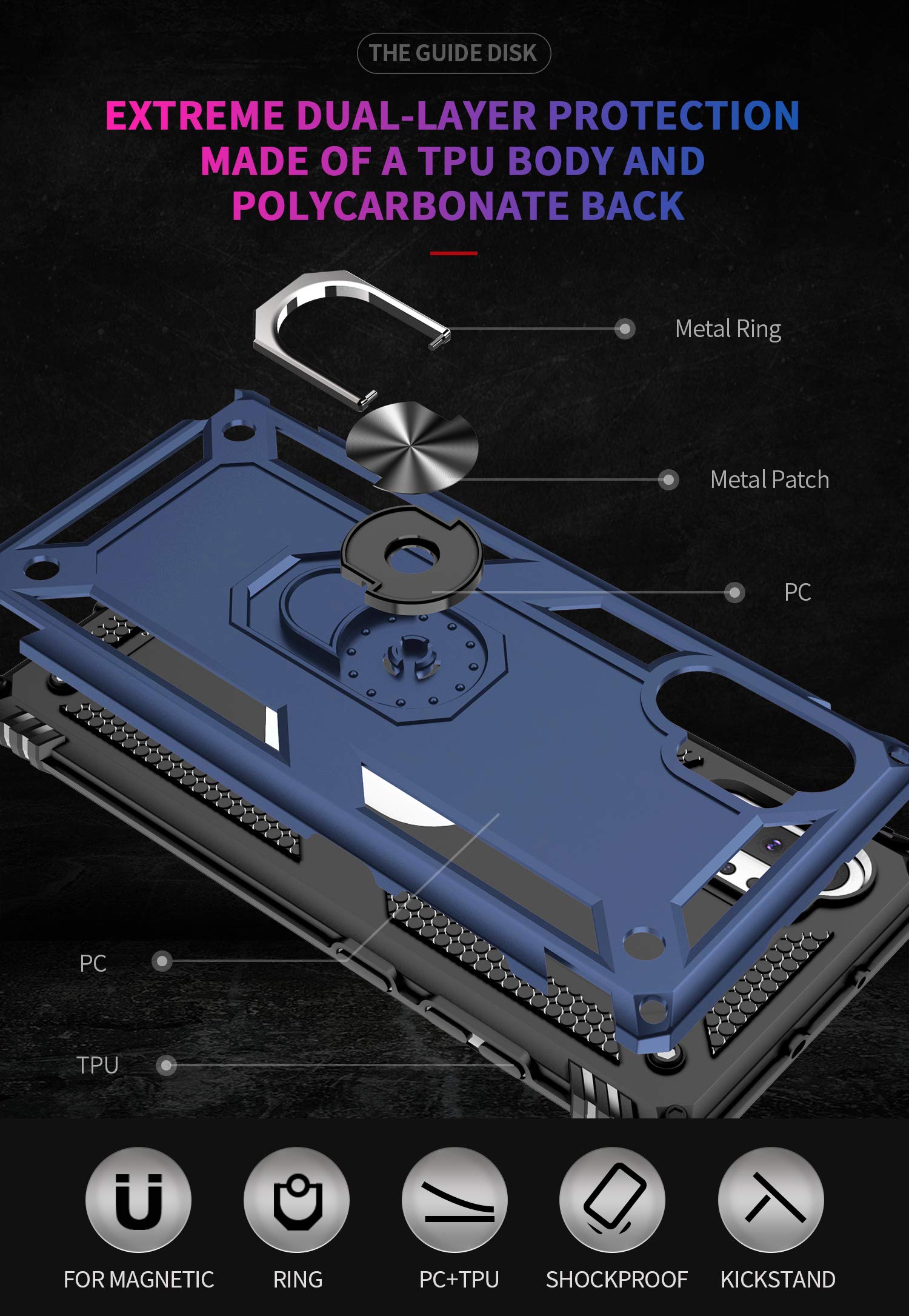 Samsung Galaxy Note 10 Plus Case with HD Screen Protector - Military-Grade Shockproof Cover with Metal Ring Holder Stand | Drop Tested Protection for Note 10+/5G (Blue) | Perfect for Work, Travel & Outdoor Activities