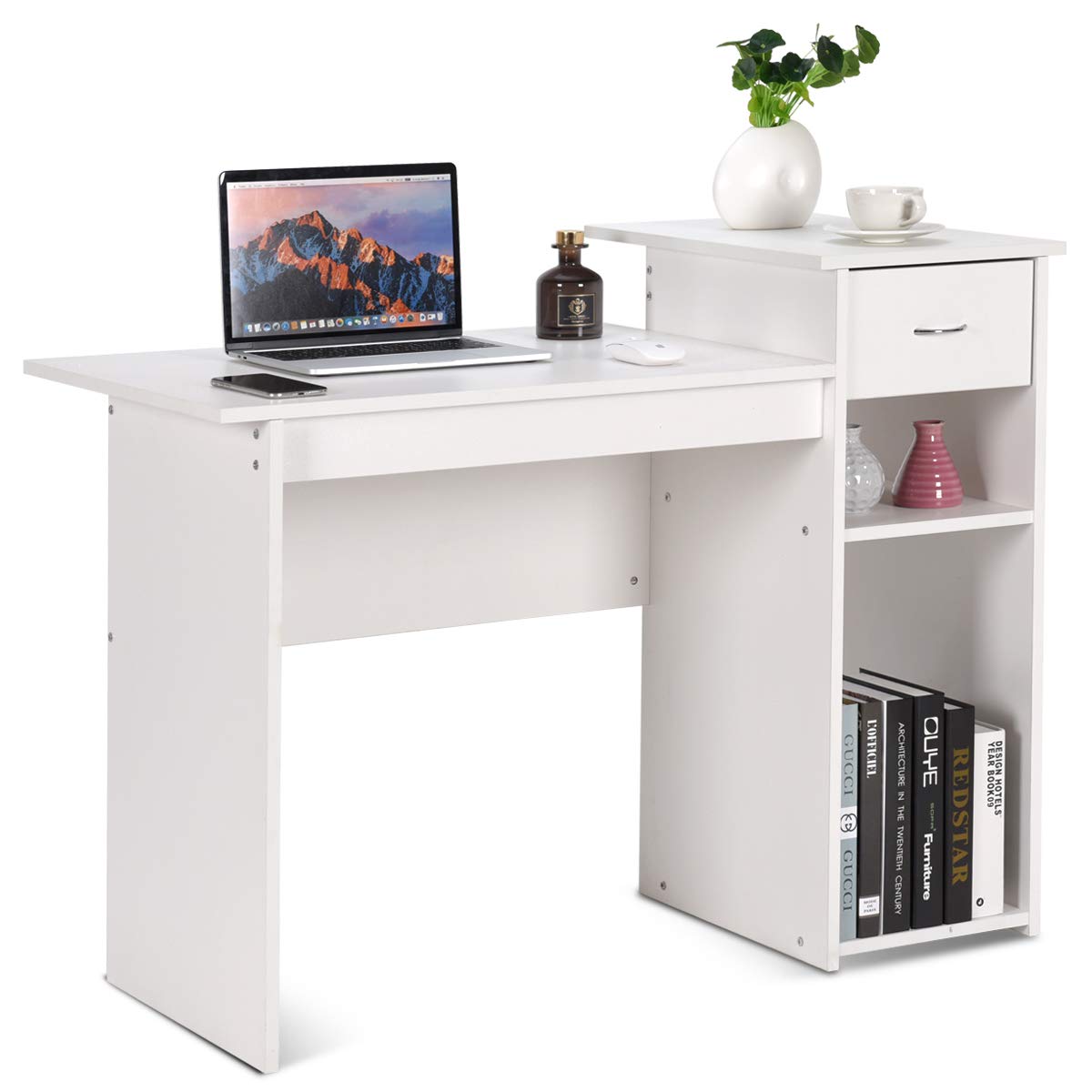 Tangkula White Computer Desk - Compact Modern Wooden Study Writing Desk with Storage Drawer & Shelves for Small Spaces | Perfect for Home Office, Bedroom, Dorm Room (White)