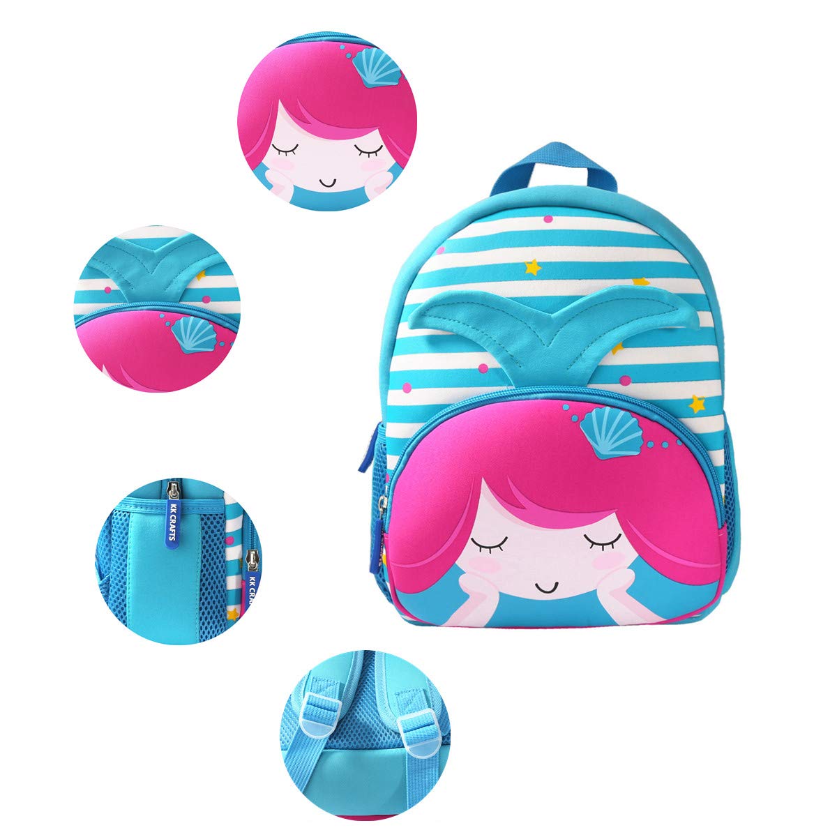 KK CRAFTS Neoprene Preschool Backpack for Toddlers - Cute Mermaid Design School Bag & Lunch Bag for Boys & Girls - Perfect for Daycare, Kindergarten & Outdoor Adventures