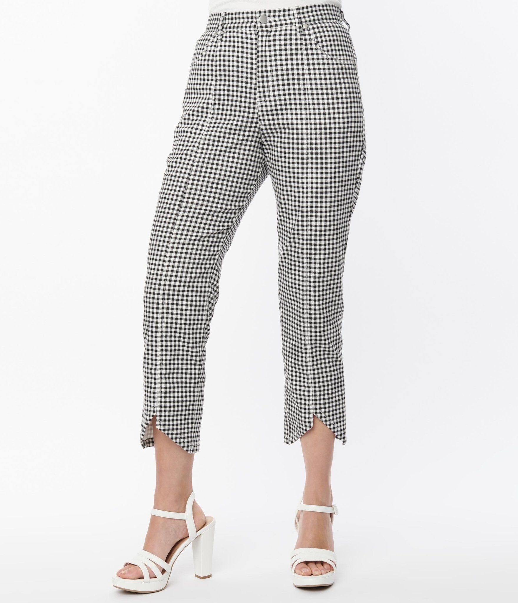 Smak Parlour Black & White Gingham High Rise Capri Pants - Women's Stretch Cotton Casual Summer Cropped Pants for Beach, Vacation & Everyday Wear