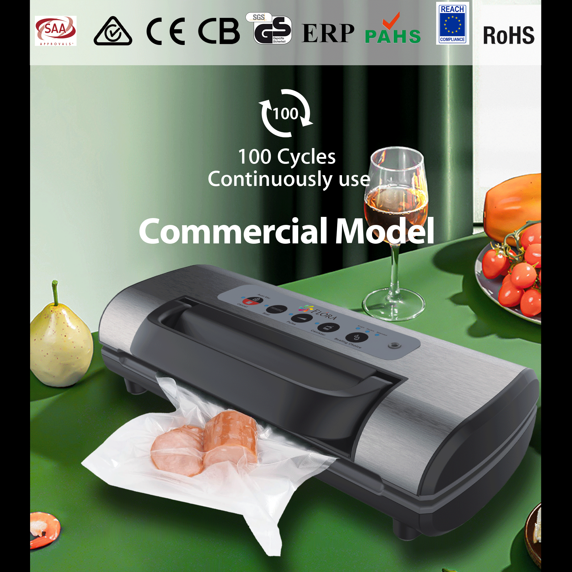 FL FVS 3206 Commercial Food Vacuum Sealer Machine with 22+28 Precut Bags - Heavy Duty Food Saver for Meat, Cheese & Meal Prep - Professional Kitchen & Restaurant Storage Solution