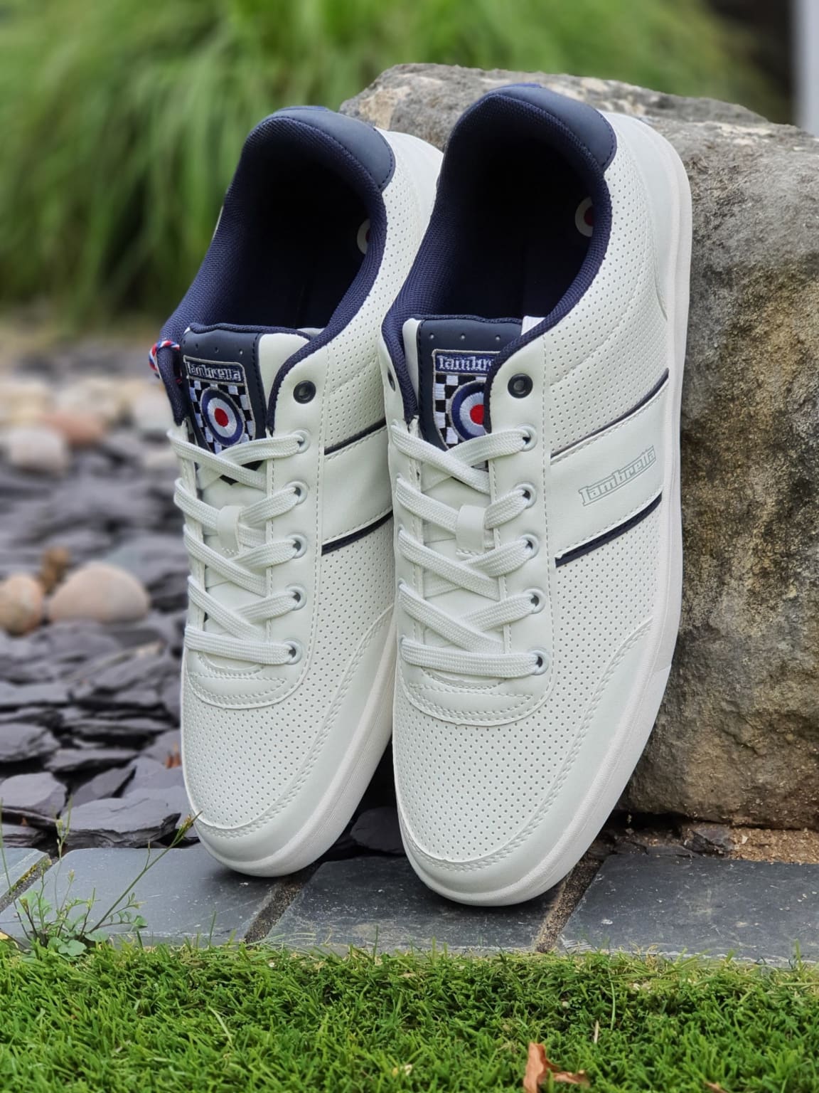 Lambretta White and Navy Men's Casual Sneakers - Comfortable Walking Shoes for Everyday Wear, Gym, and Travel