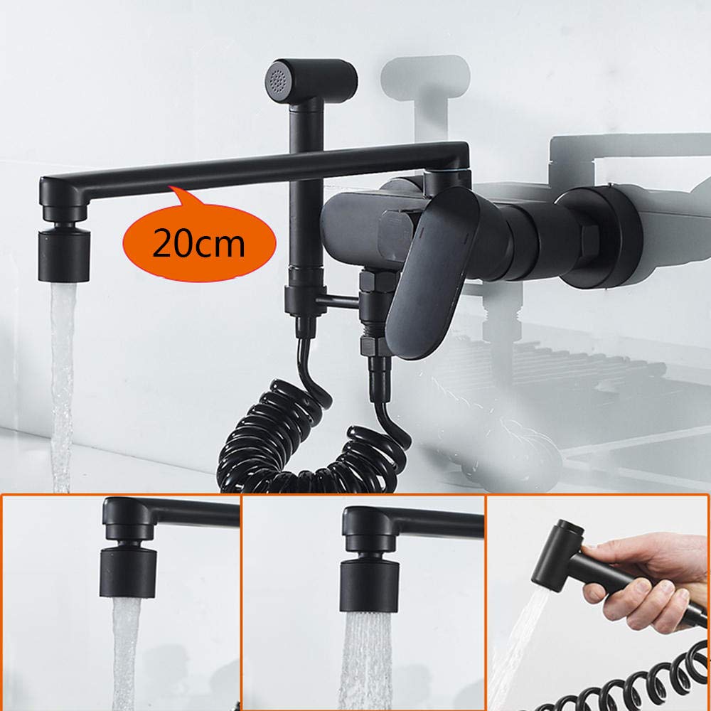 Black Wall Mounted Kitchen Faucet with Spray Gun - Double Hole Hot & Cold Water Rotating Tap - 20cm Height for Kitchen & Bathroom Sink - Perfect for Modern Homes & Small Spaces