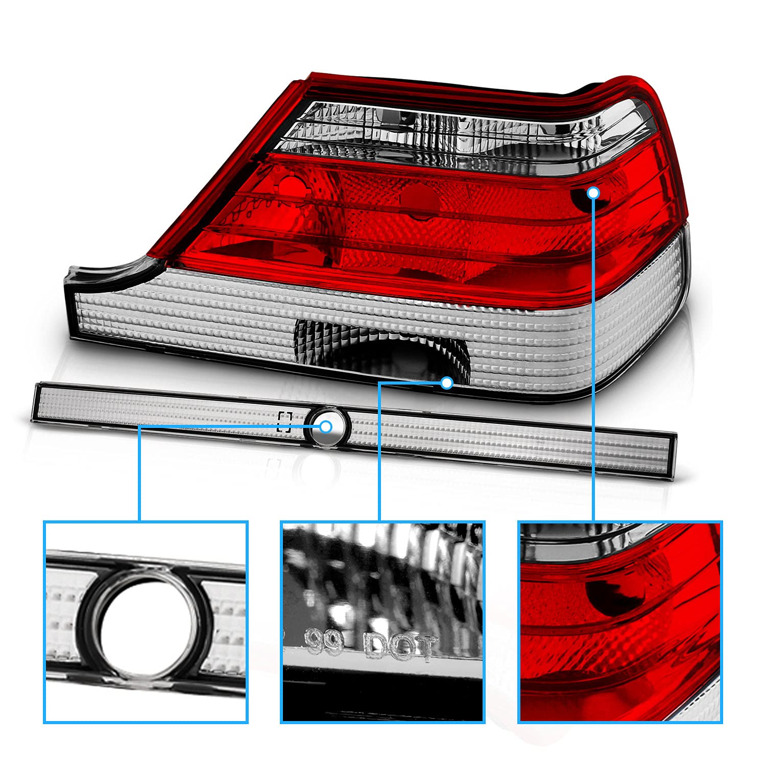 AmeriLite Red Clear Replacement Tail Lights Set for 1997-1999 Mercedes Benz S Class W140 - Left & Right Side - Enhance Nighttime Safety & Style