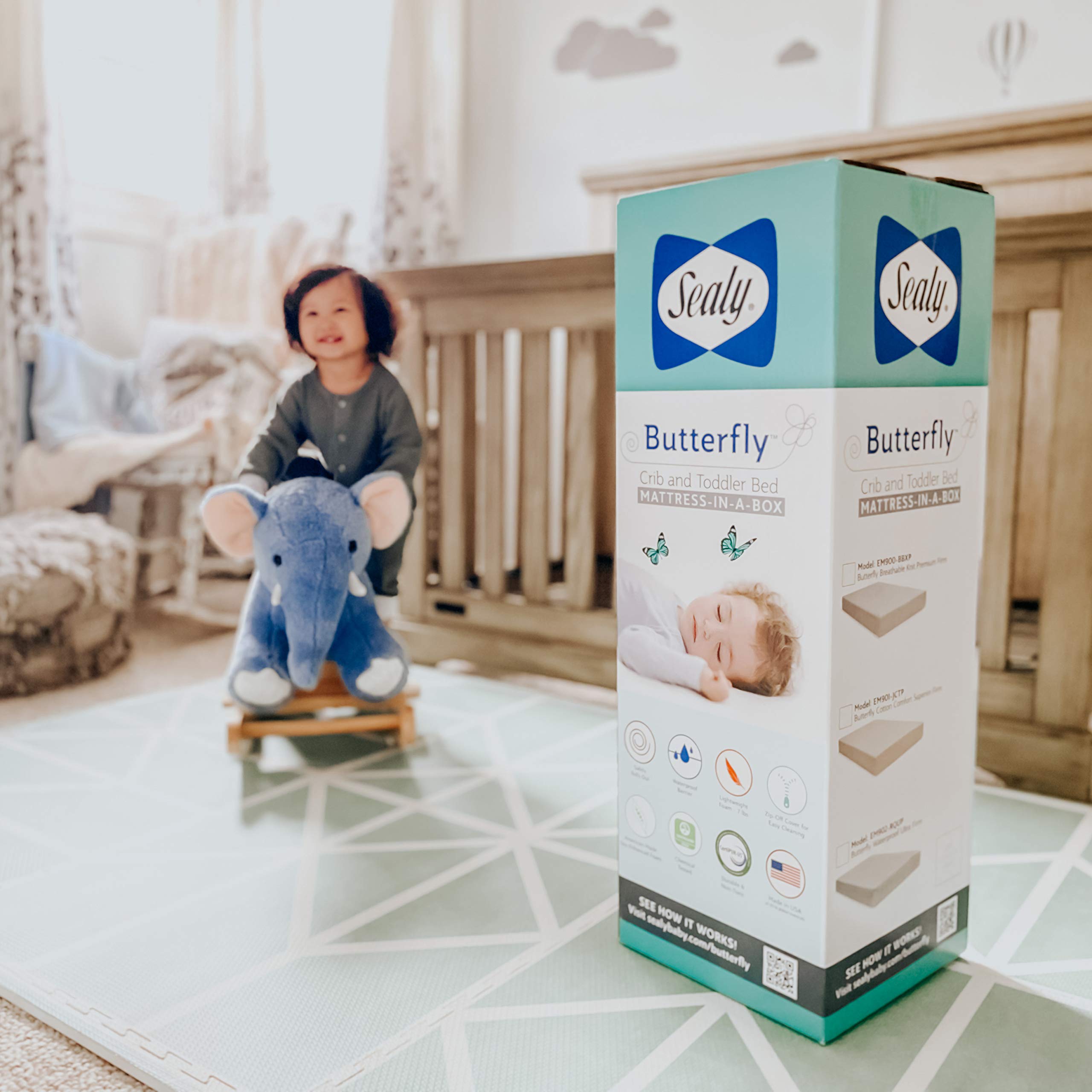 Sealy Baby Butterfly Crib Mattress & Toddler Bed - Premium American Foam, Washable Zip-Off Cover, GREENGUARD Gold Certified, Safety Tested, Made in USA, 52