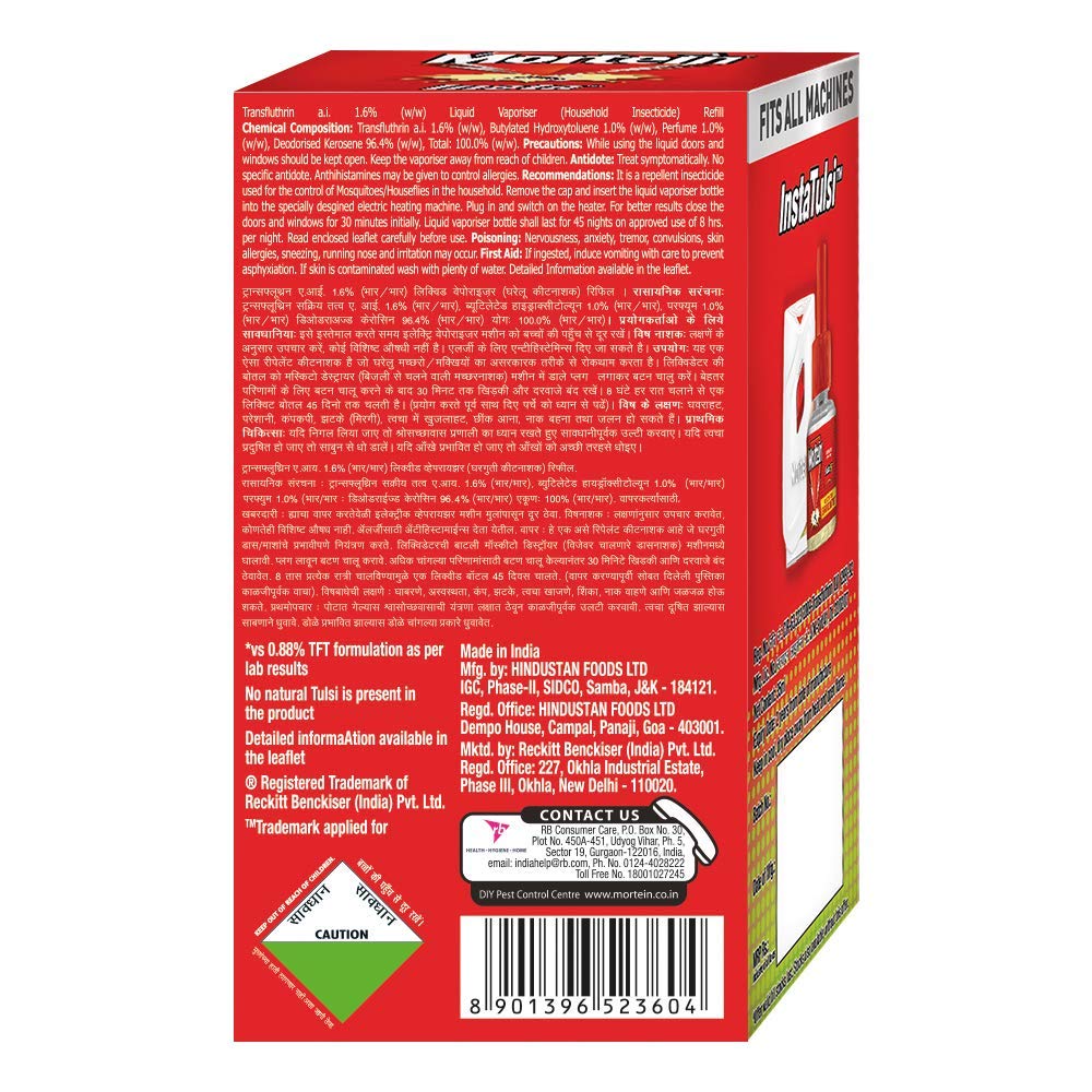 Mortein Insta Refill - Tulsi Scented Mosquito Repellent Refill 35ml + 25% Extra | Effective Insect Protection for Home, Outdoor & Travel Use