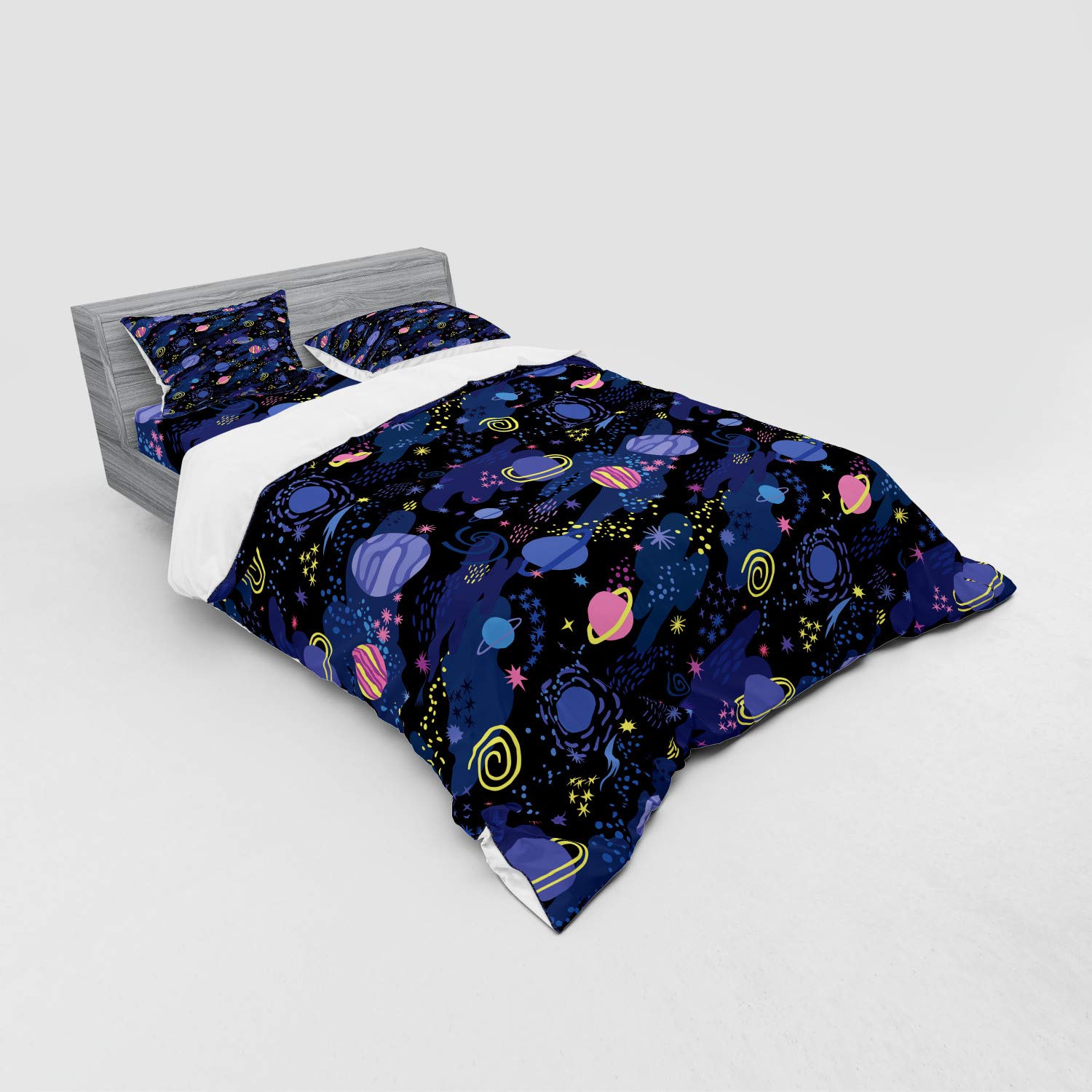 Ambesonne Galaxy Duvet Cover Set - 4 Piece Queen Size Space Themed Bedding with Pillow Shams & Fitted Sheet, Dark Blue Pink Cosmic Design - Perfect for Astronomy Lovers' Bedroom Decor & Gift Ideas