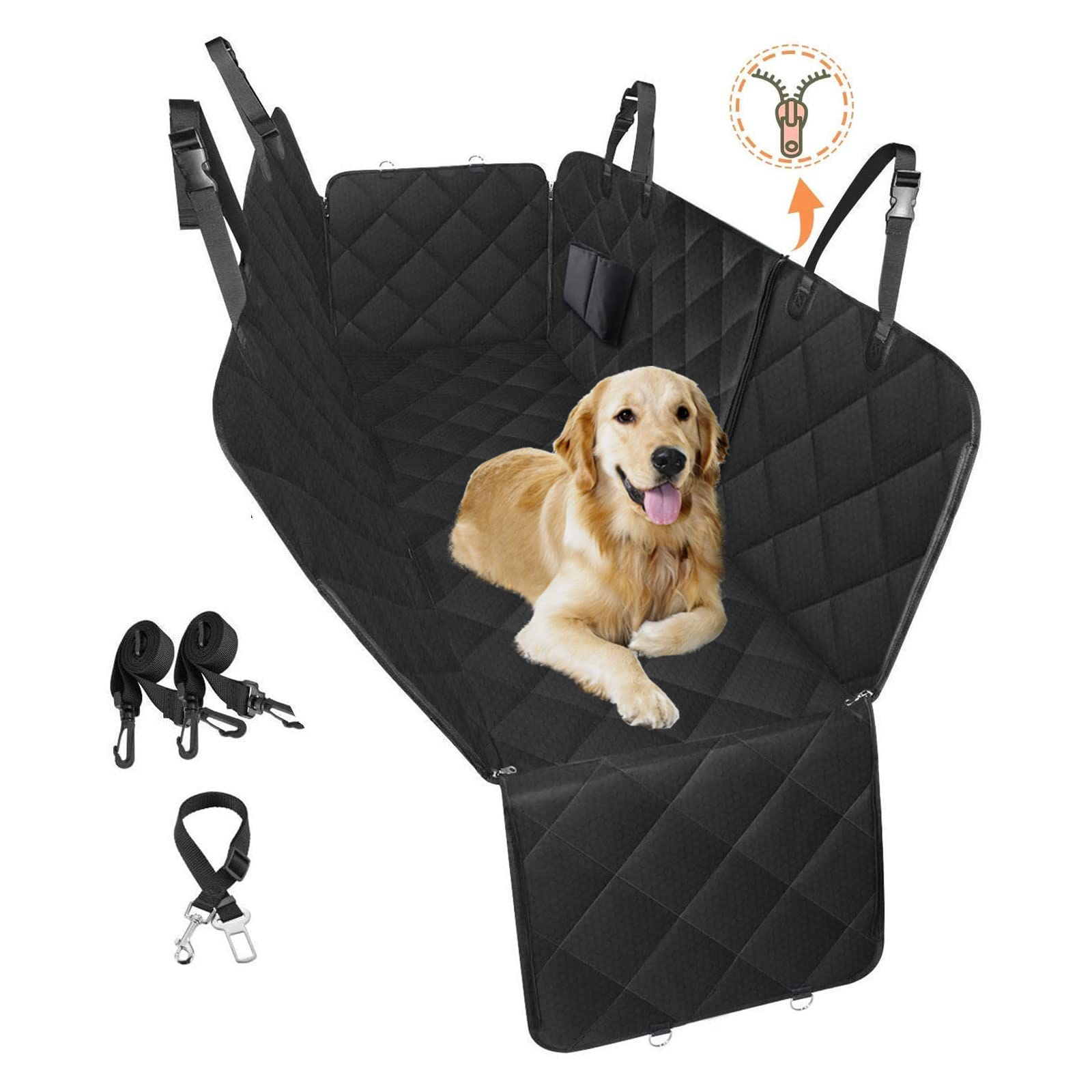 Waterproof Dog Car Seat Cover - Scratchproof Pet Hammock for Cars, Trucks & SUVs | Non-Slip Back Seat Protector with Zippered Front Flap | Perfect for Travel, Road Trips & Daily Commutes with Pets