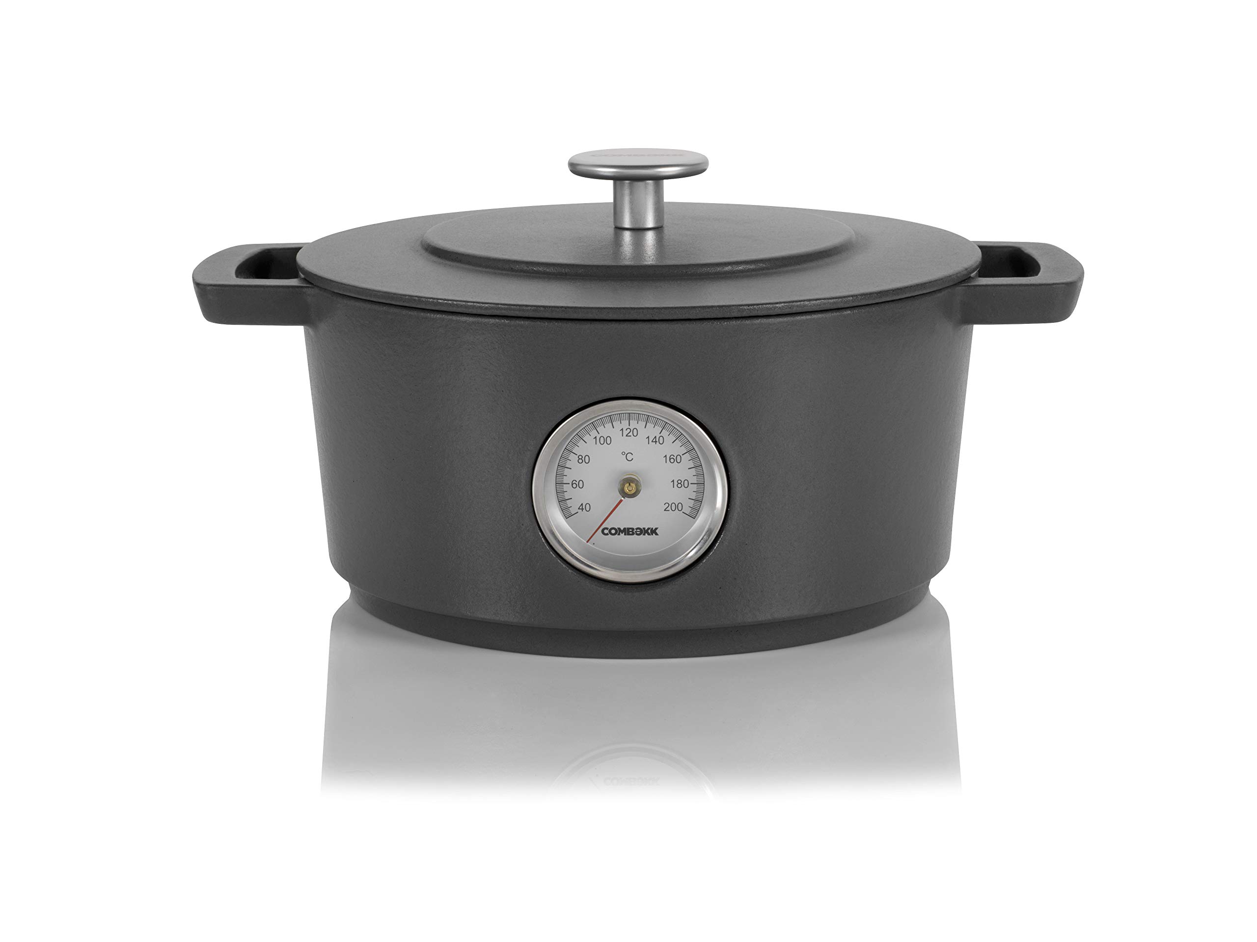 Combekk RAILWAY Recycled Enameled Cast Iron 4.25 Quart Dutch Oven with Built-in Thermometer - Concrete Gray, 9.5 Inch - Perfect for Camping, Baking Bread & Slow Cooking Stews