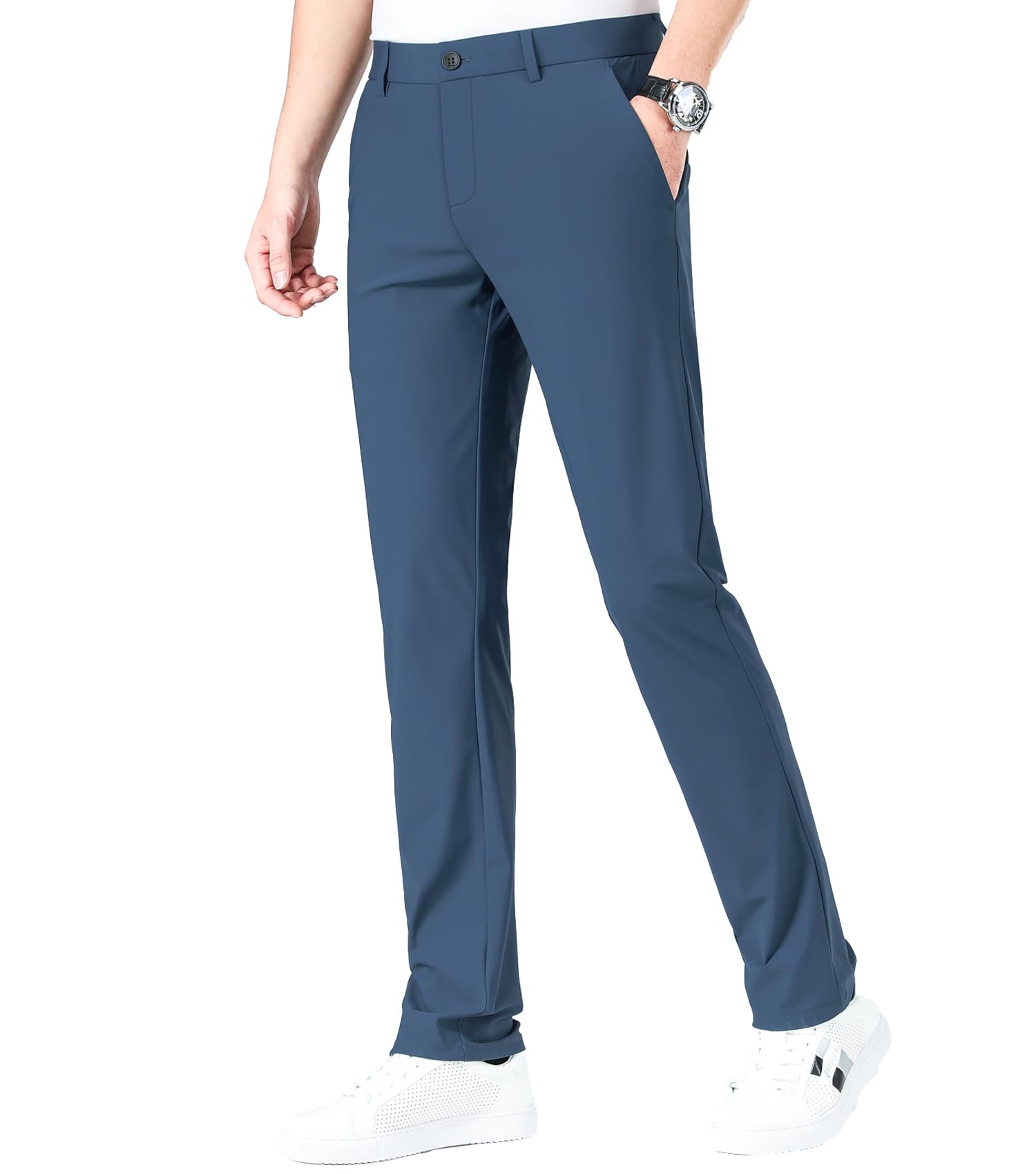 LUSHENUNI Men's Slim High Stretch Golf Pants - Breathable Ice Silk Dress Pants with Expandable Waist for Golfing, Office & Business Casual Wear